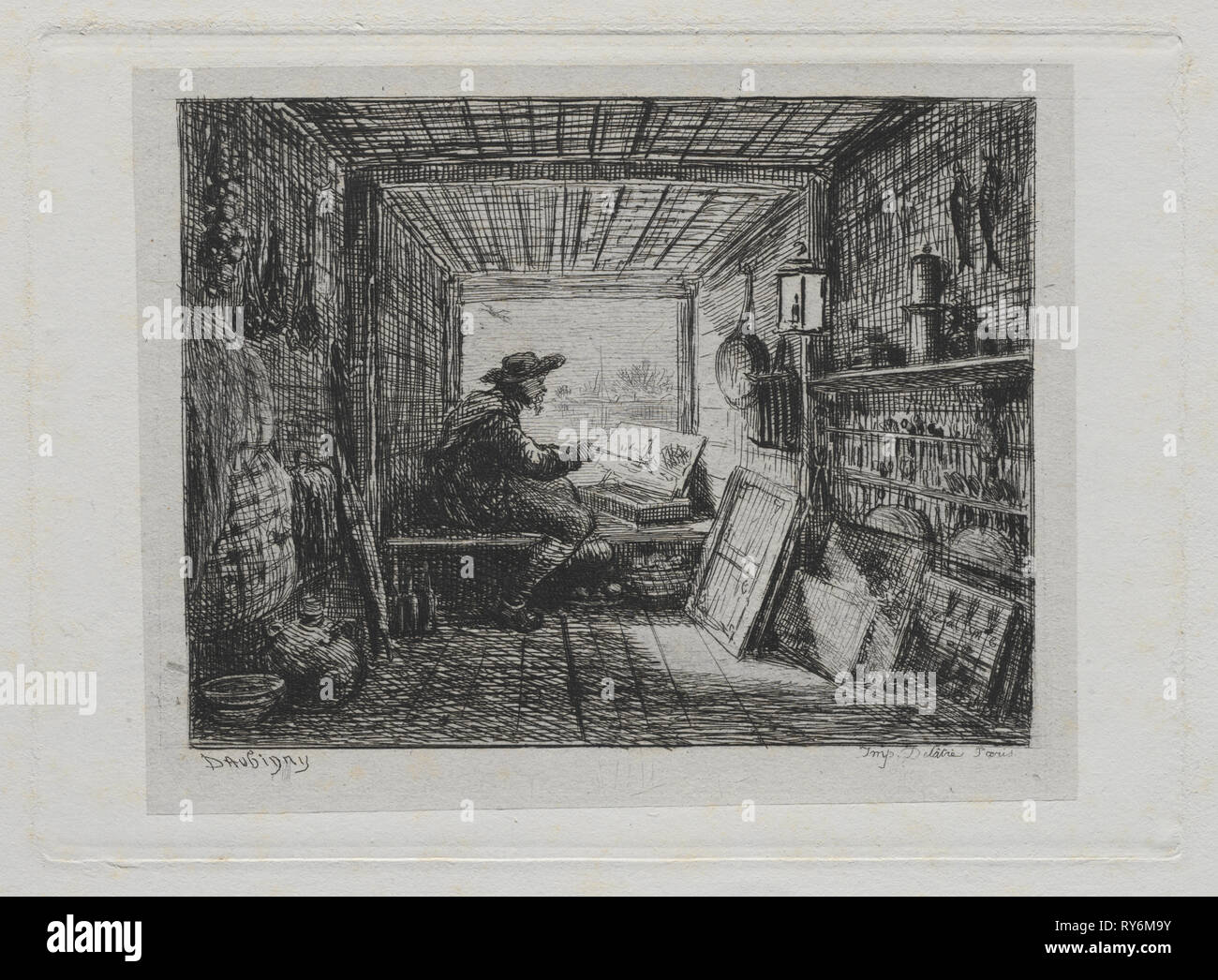 Die Bootsfahrt: Das Studio auf der Boot 1861. Charles François Daubigny (Französisch, 1817-1878). Radierung mit Chine collé; Blatt: 31,4 x 44,5 cm (12 3/8 x 17 1/2 in.); plattenrand: 13 x 18 cm (5 1/8 x 7 1/16 in Stockfoto