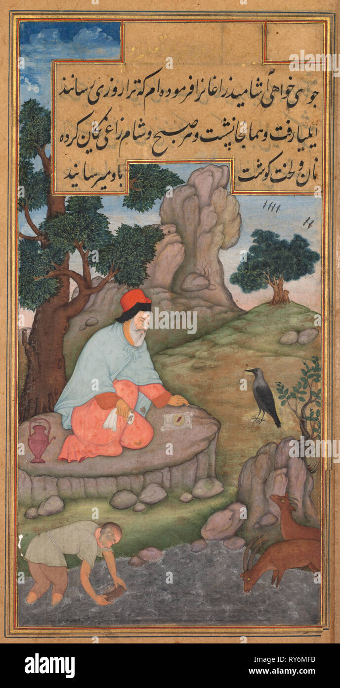 Ein Rabe fliegt Nahrung zu Elia, von einem Mir'at al-Quds von Vater jerome Xavier (Spanisch, 1549-1617), 1602-1604. Im Norden Indiens, Uttar Pradesh, Allahabad, Mughal Periode. Opak Aquarell, Tinte, Farbe und Gold auf Papier; Seite: 26,2 x 15,7 cm (10 5/16 x 6 3/16 in. Stockfoto