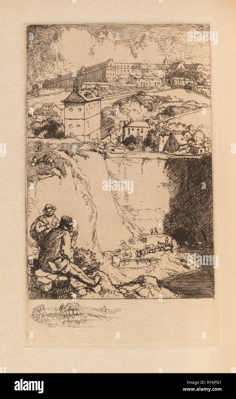 Katalog de L'Exposition de August Lepère: Frontispiz, 1908. Louis Auguste Lepère (Französisch, 1849-1918). Ätzen, aus Leder-gebundenen Band mit zwei Radierungen und eine Lithographie; Blatt: 26,3 x 17,5 cm (10 3/8 x 6 7/8 in.); Plattenrand: 19,5 x 11,5 cm (7 11/16 x 4 1/2 in. Stockfoto