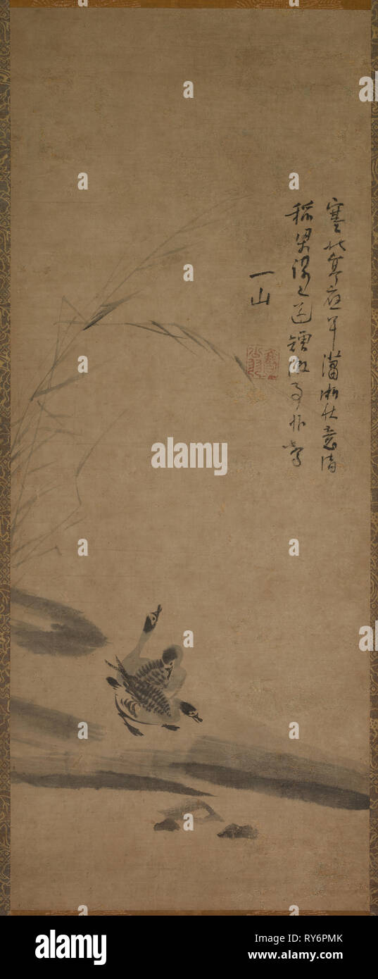 Schilf und Gänse, 1314-17. Kalligraphie von yishan Yining [Thau Ichinei] (Chinesisch, 1247-1317). Hängerolle, Tusche auf Papier; Malerei: 80,4 x 32,2 cm (31 5/8 x 12 11/16 in.); montiert: 158,5 x 42,2 cm (62 3/8 x 16 5/8 in Stockfoto