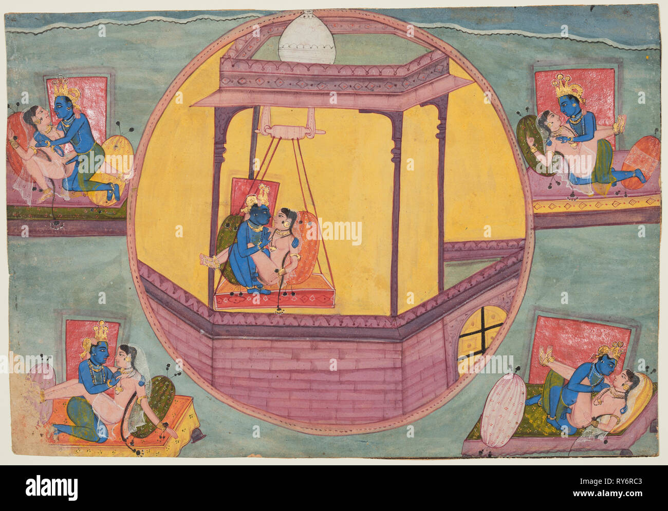 Fünf Haltungen von Krishna Liebe machen, aus einem Bhagavata Purana, C. 1600. Nordwestliche Indien, Rajasthan, Bikaner. Farbe auf Papier; Miniatur: 17,5 x 25,4 cm (6 7/8 x 10 in Stockfoto