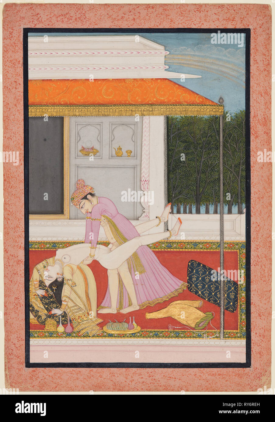 Ein verliebter Paare, wahrscheinlich Raja Mahendra Pal von Basohli (r. 1806-1813), mit einem bevorzugten Rani, C. 1810. Indien, Basohli. Farbe auf Papier; Miniatur: 18,4 12,1 cm (7 1/4 x 4 3/4 in.); Seite: 21,9 x 15,3 cm (8 5/8 x 6 Zoll Stockfoto