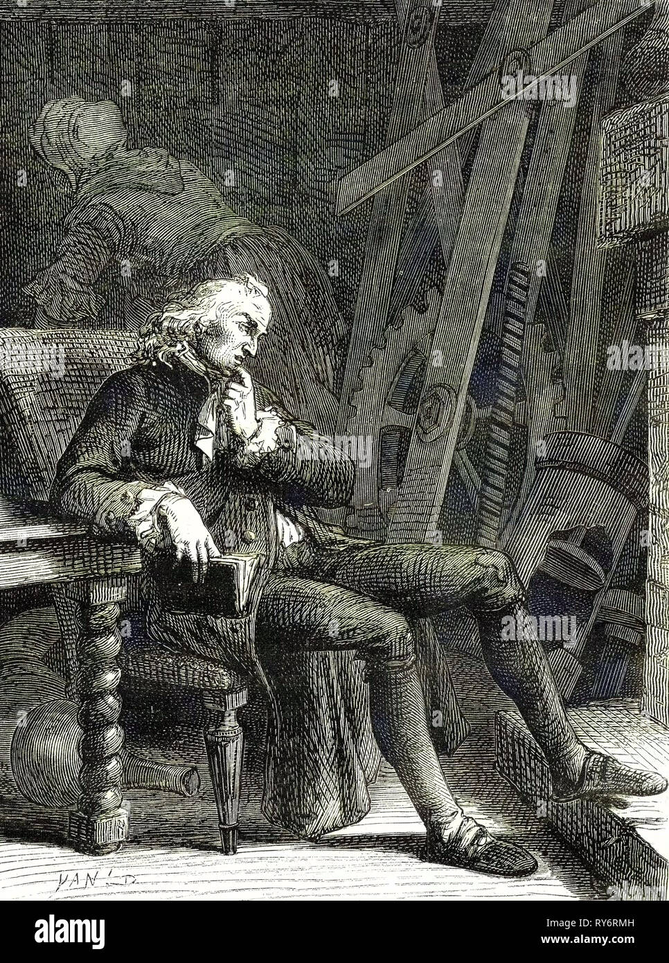 Das Alter und das Elend von Denis Papin'' Ich bin jetzt verpflichtet, schrieb Papin meine Maschinen in der Ecke meines armen Schornstein zu setzen Stockfoto