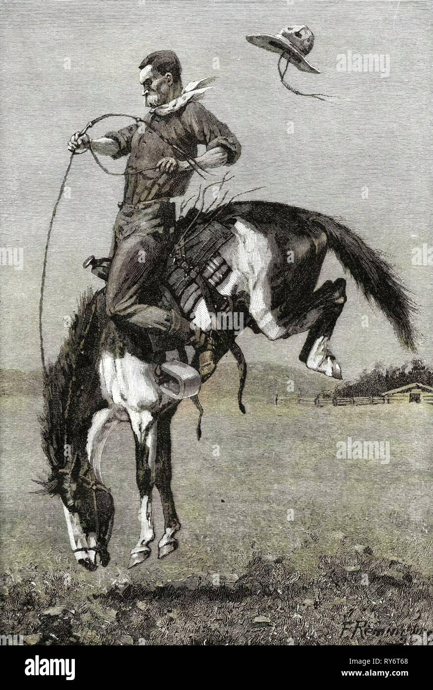 Ein Bronco Buster Reiten ein Ruckeln Pferd 1891 USA Stockfoto