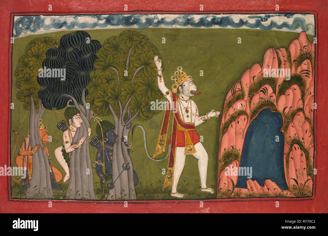 Sugriva (Monkey Allgemein) Herausforderungen sein Bruder Bali, C. 1720. Indien, Pahari Hügel, Nurpur, 18. Farbe auf Papier; Bild: 16,4 x 26,8 cm (6 7/16 x 10 9/16 in.); Insgesamt: 20,7 x 31 cm (8 1/8 x 12 1/4 in.); mit Matte: 36,3 x 49 cm (14 5/16 x 19 5/16 Zoll Stockfoto
