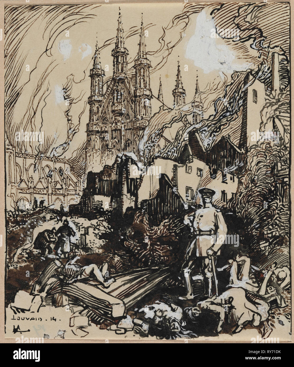 Louvain, 1914. Louis Auguste Lepère (Französisch, 1849-1918). Pinsel und braune Farbe mit einem Hauch von Schwarz mit weißen Korrekturen Stockfoto