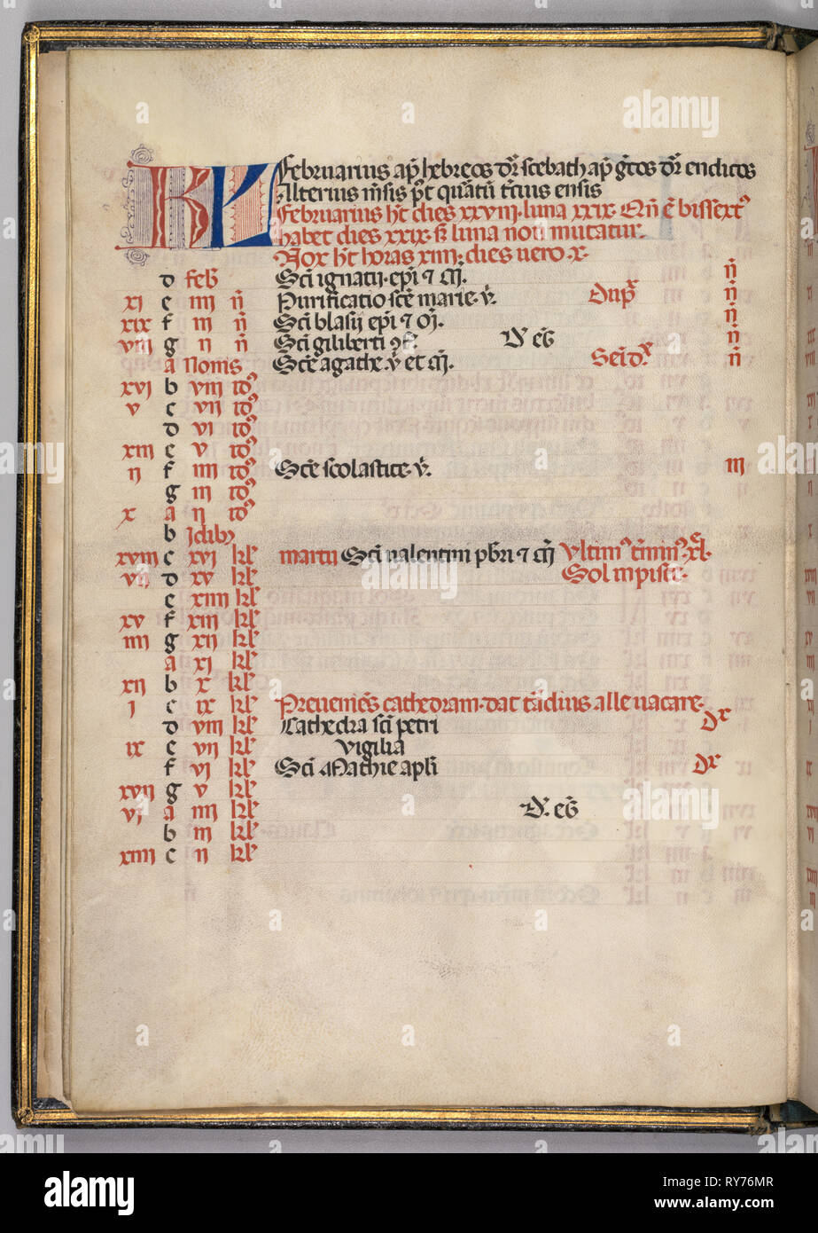 Missale: Fol. 3 v: Februar Kalender Seite, 1469. Bartolommeo Caporali (Italienisch, C. 1420-1503), unterstützt von Giapeco Caporali (Italienisch, d. 1478). Tusche, Tempera und prägepolierte Gold auf Pergament; insgesamt: 35 x 25 cm (13 3/4 x 9 13/16 in Stockfoto
