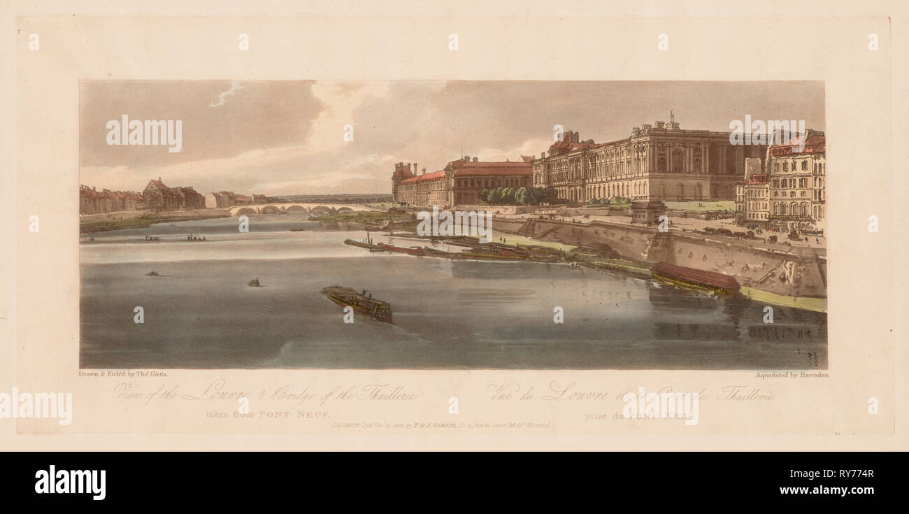 Eine Auswahl von 20 der schönsten Ansichten in Paris: der Louvre & Brücke der Thuilleries von Pont Neuf, 1802 übernommen. Thomas Girtin (British, 1775-1802), J.B. Harraden (Britisch). Softground Radierung und Aquatinta in Braun gedruckt, von Hand gefärbt mit Aquarell; Blatt: 37,7 x 62,8 cm (14 13/16 x 24 3/4 in.); Plattenrand: 25,1 x 52,6 cm (9 7/8x20 11/16 in Stockfoto