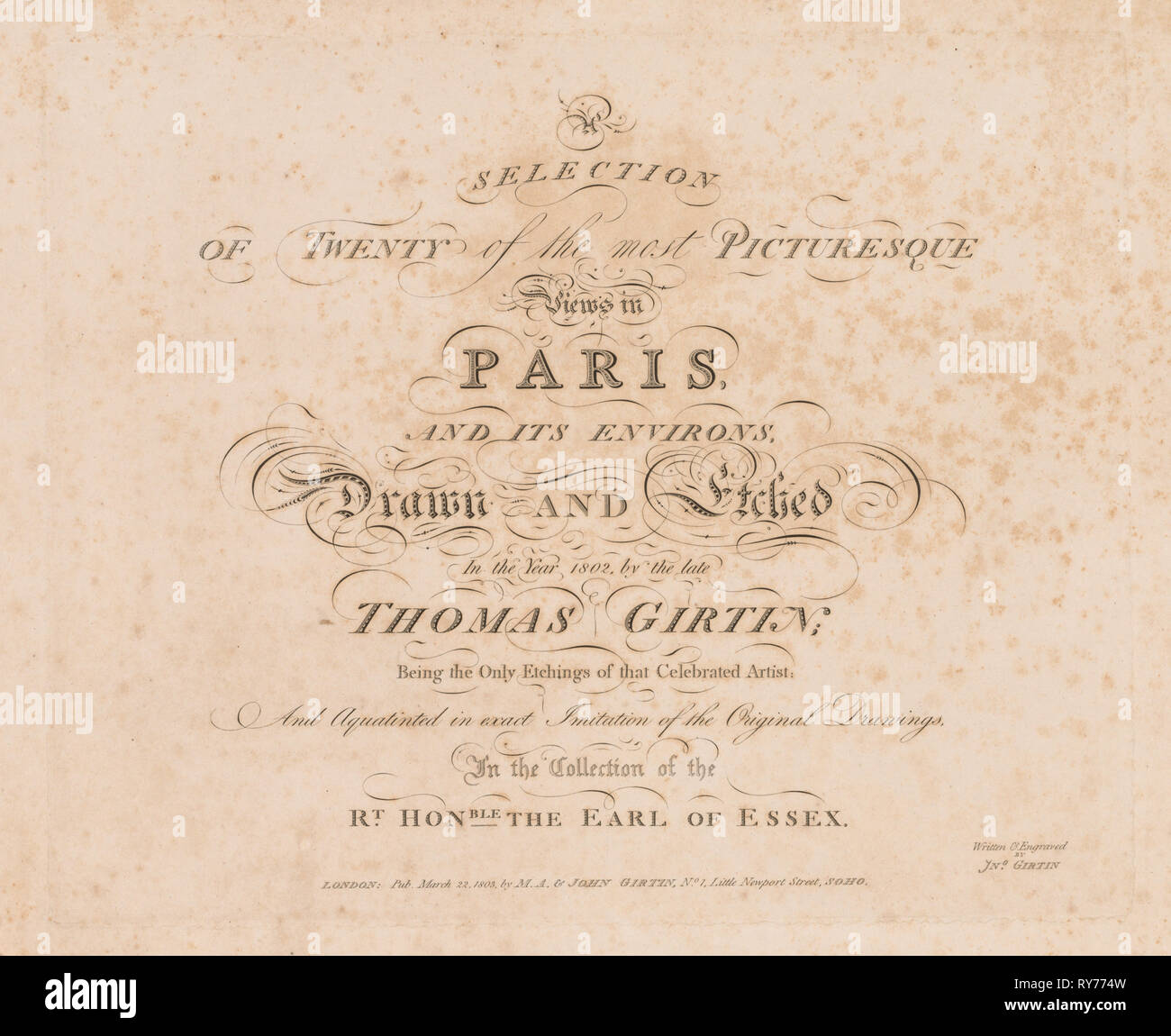 Eine Auswahl von 20 der schönsten Ansichten in Paris, und seine Umgebung: Titelseite, 1803. John girtin (Britisch), M.A. & John girtin, London 1803. Gravur; Blatt: 49,1 x 66,8 cm (19 5/16 x 26 5/16 in.); plattenrand: 33 x 40,5 cm (13 x 15 15/16 in Stockfoto