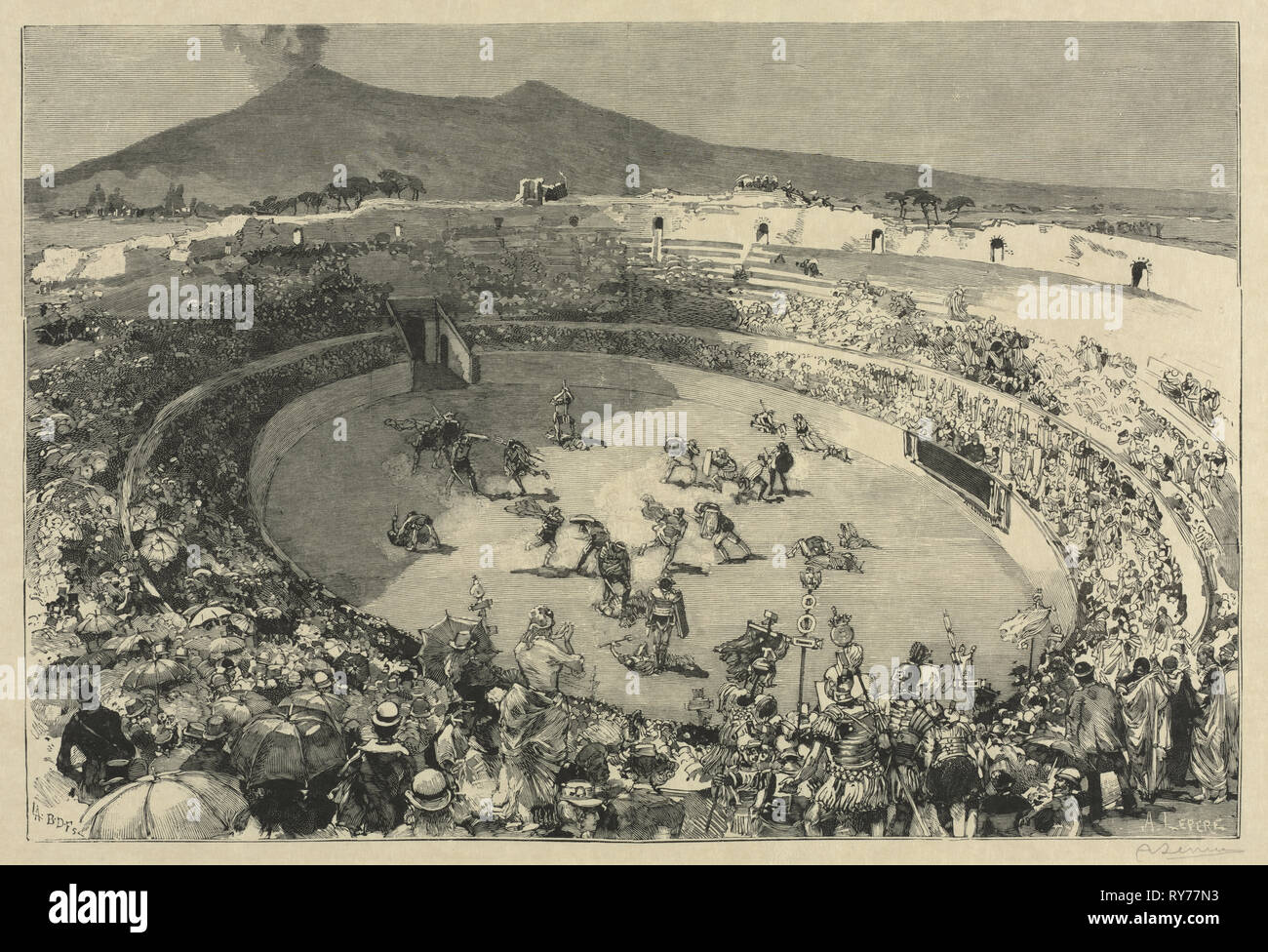 Le Monde Illustré, 24. Mai 1884. In Zusammenarbeit mit den Eingravierten B.D.V. (Tony Beltrand, Dèté, und Florian: Italien. Das Festival von Pompei, der Zirkus von Gladiatoren, 1884. Louis Auguste Lepère (Französisch, 1849-1918). Holzstich; Blatt: 32,2 x 46,7 cm (12 11/16 x 18 3/8 in.); plattenrand: 21 x 31,5 cm (8 1/4 x 12 3/8 in Stockfoto