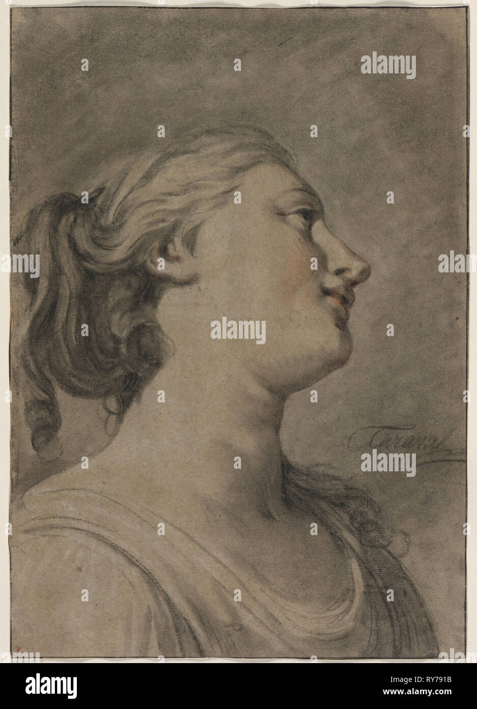Kopf einer weiblichen Figur im Profil nach rechts, c. gedreht 1763-1770?. Hughes Taraval (Französisch, 1729-1785). Anthrazit mit roter und weißer Kreide und stumping; Blatt: 37,4 x 26,2 cm (14 3/4 x 10 5/16 Zoll Stockfoto