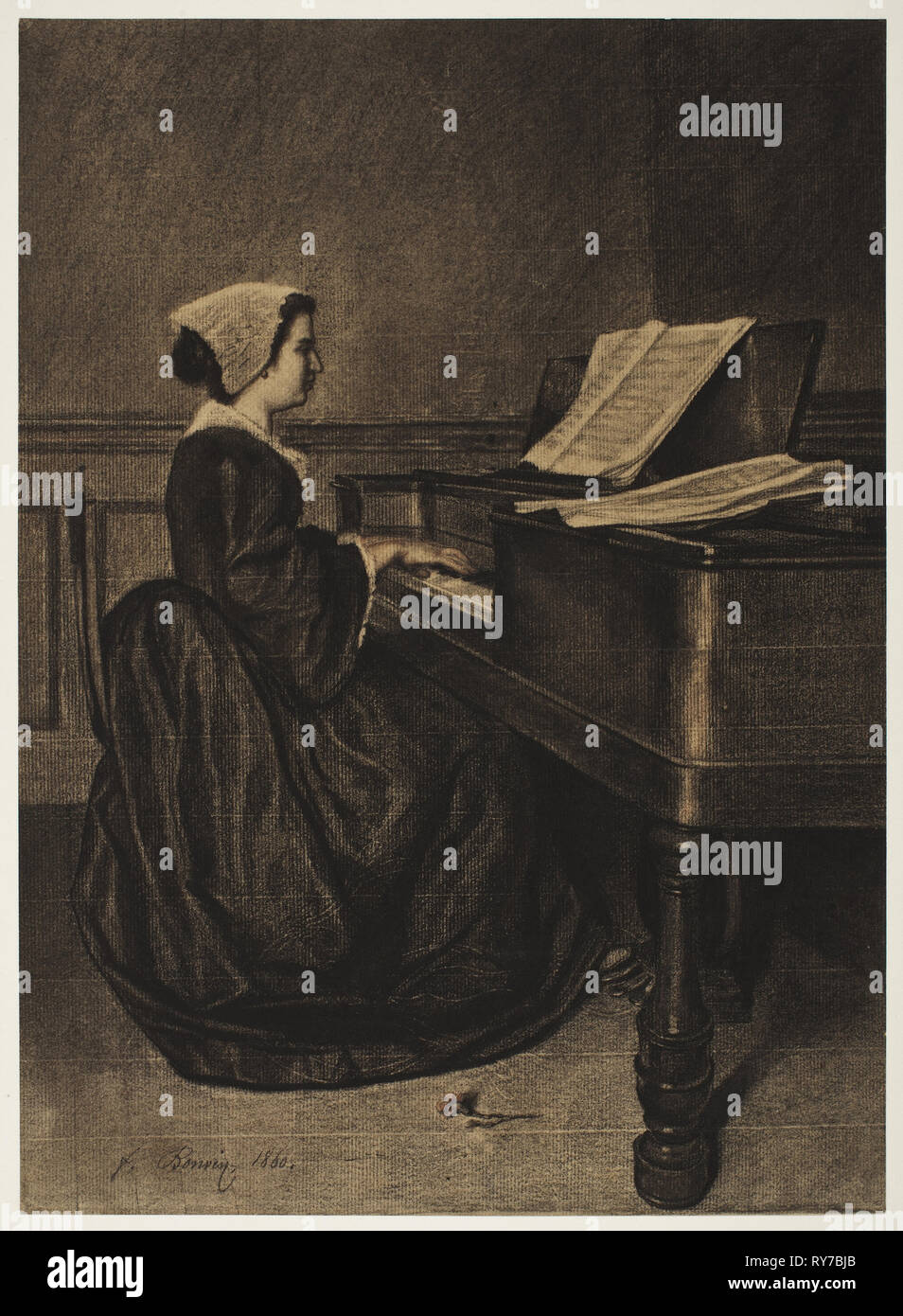 Frau am Spinett, 1860. François Bonvin (Französisch, 1817-1887). Hergestellte schwarze Kreide mit einem Hauch von Braune und Rote Kreide und stumping; Blatt: 42 x 30,5 cm (16 9/16 x 12 in Stockfoto