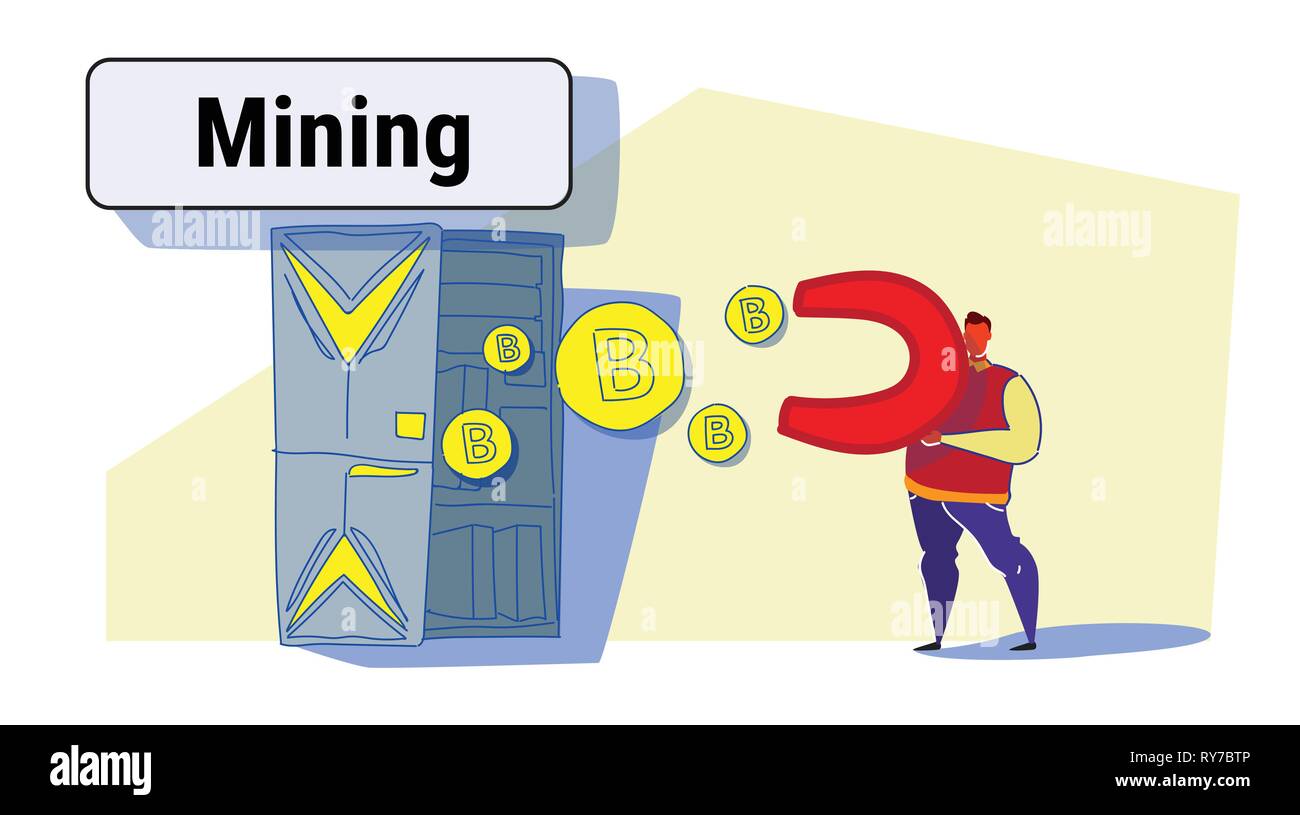 Mann mit Magneten ziehen bitcoin Münzen aus dem Bergbau farm Serverraum crypto Währung Konzept gewinnen Geld bunten Skizze flow Stil doodle Stock Vektor