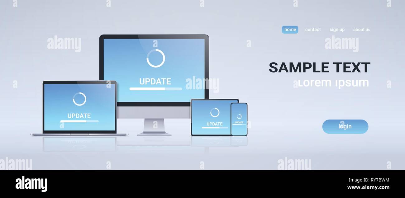 Die Software für den Internetzugang Installation neue Gadgets system tablet Smartphone pc-Bildschirm Netzwerk Technologie Konzept grauer Hintergrund Kopie Raum aktualisieren Stock Vektor