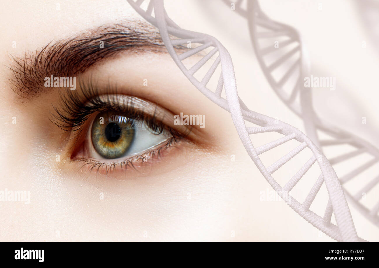Schönen grünen weibliche Auge von DNA-Ketten. Stockfoto