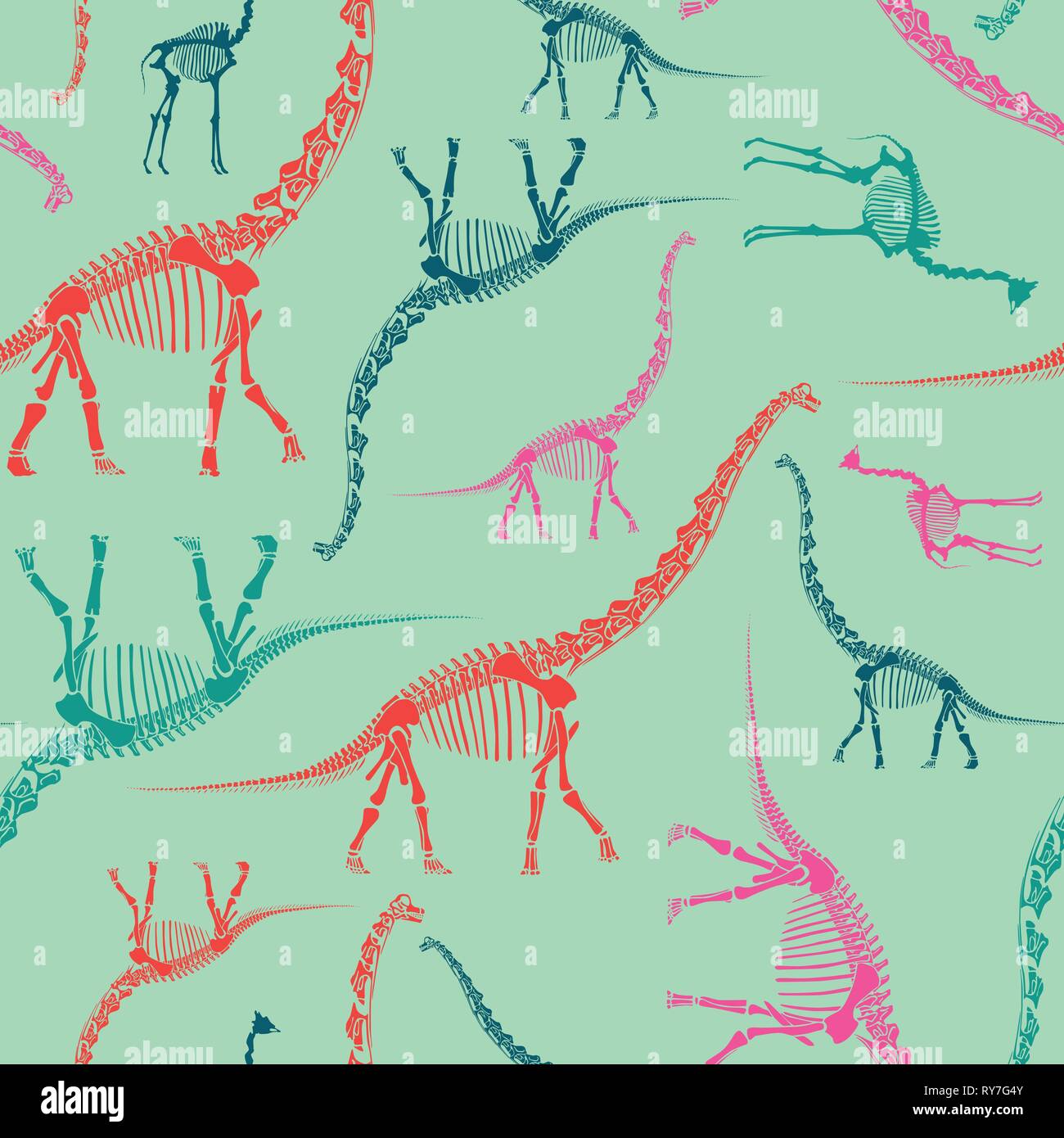 Dinosaurier Skelett nahtlose Muster auf Minze. Die hellen und farbenfrohen Wallpaper Stock Vektor