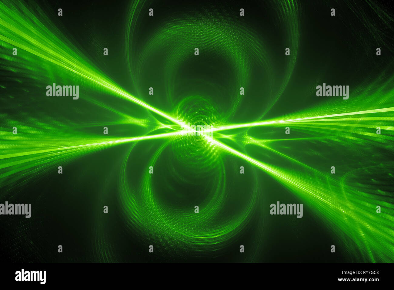 Grün leuchtende neue Technologie im Raum, Computer-generierte Zusammenfassung Hintergrund, 3D-Rendering Stockfoto