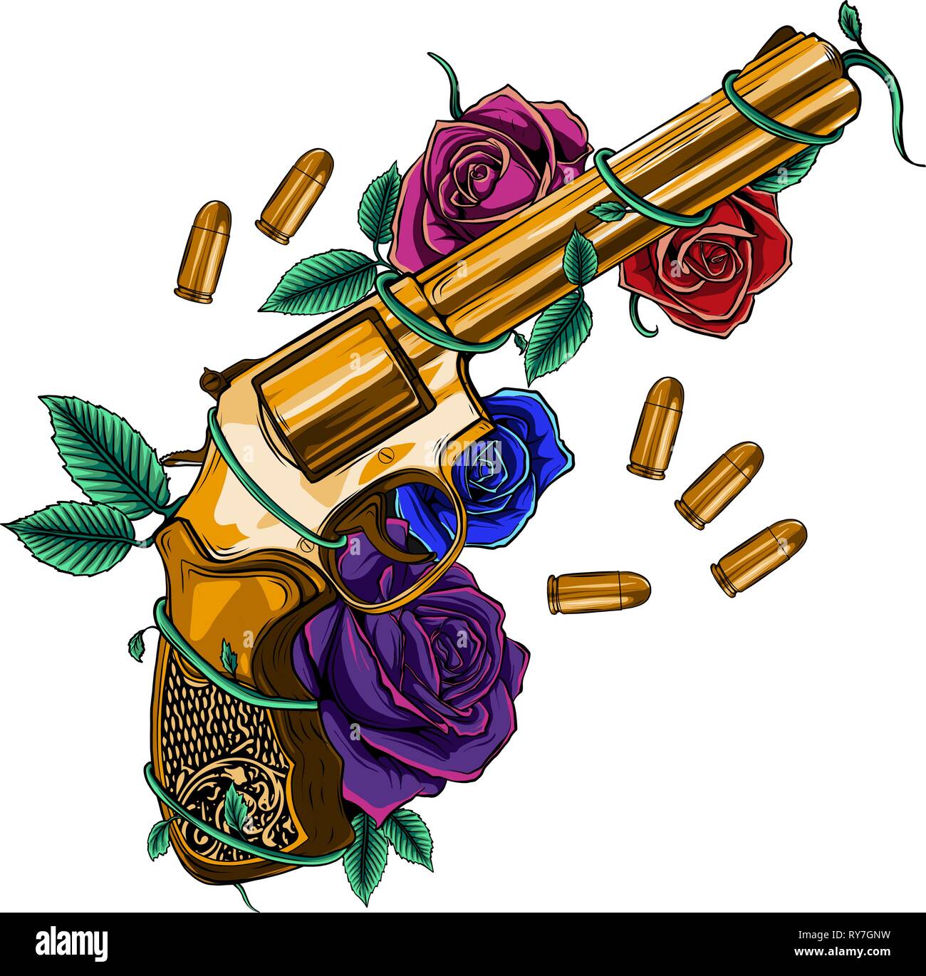 Golden Gun von bunten Rosen und Kugeln umgeben Stock Vektor
