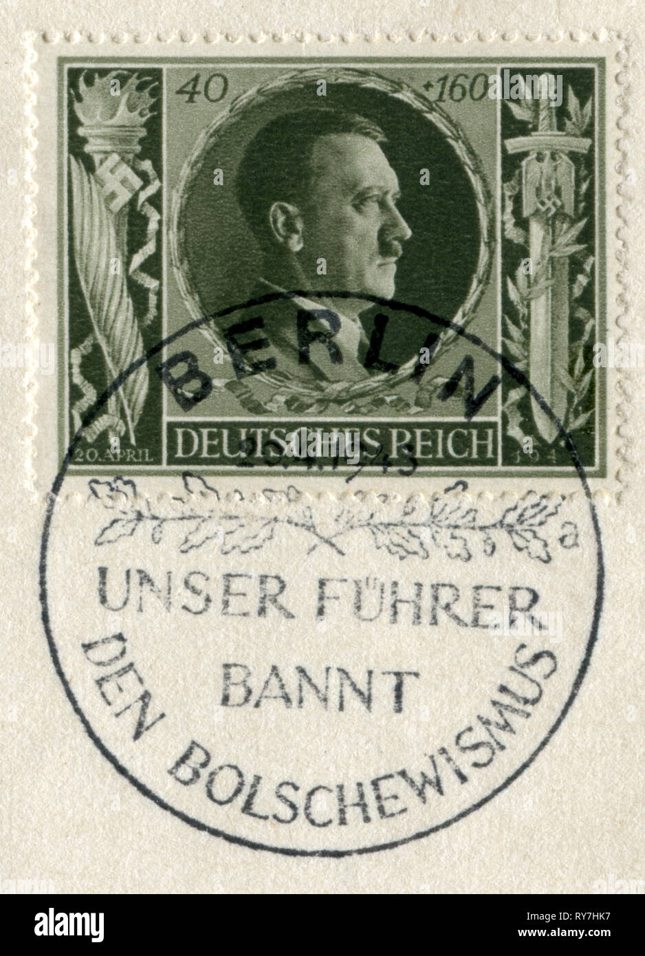 Deutsche historische Stempel: "Der 54. Geburtstag von Adolf Hitler" mit Sonderstempel "Unsere Fuhrer Verbote Bolschewismus", 20. April 1943, DR, Drittes Reich, ww2 Stockfoto