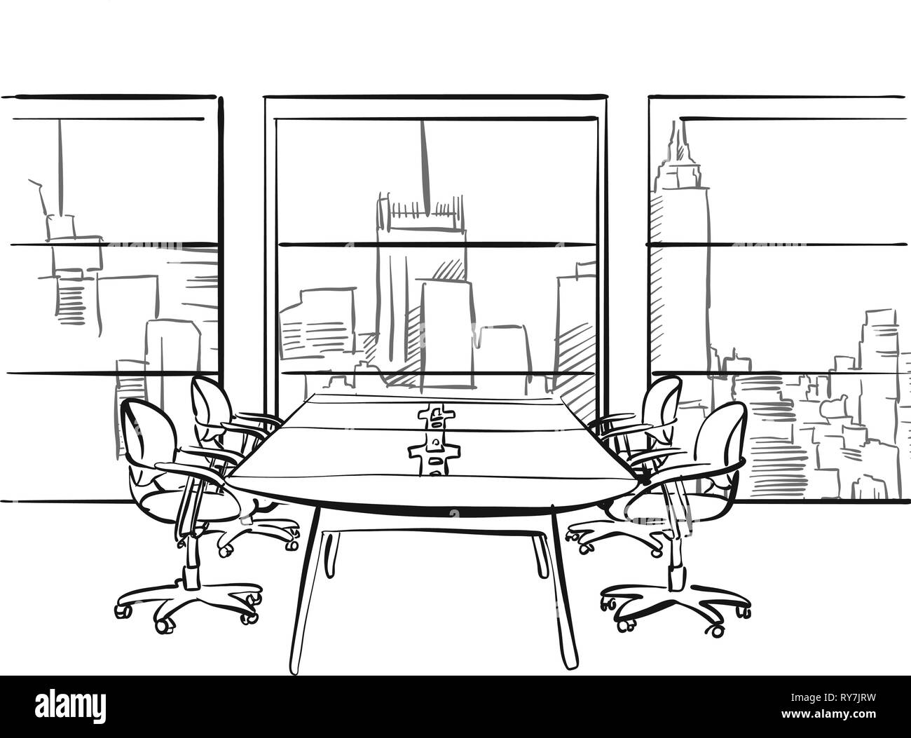 Innenraum Metropole Büro. Hand Vector Illustration gezeichnet. Serie von skizziert Business Hintergründe. Stock Vektor
