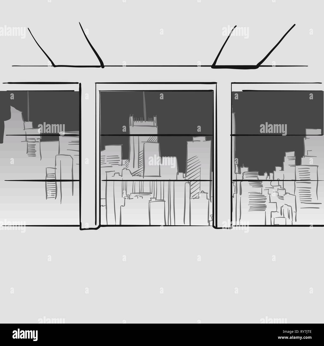 Büro mit großen Fenstern und Skyline im Hintergrund. Hand Vector Illustration gezeichnet. Serie von skizziert Business Hintergründe. Stock Vektor