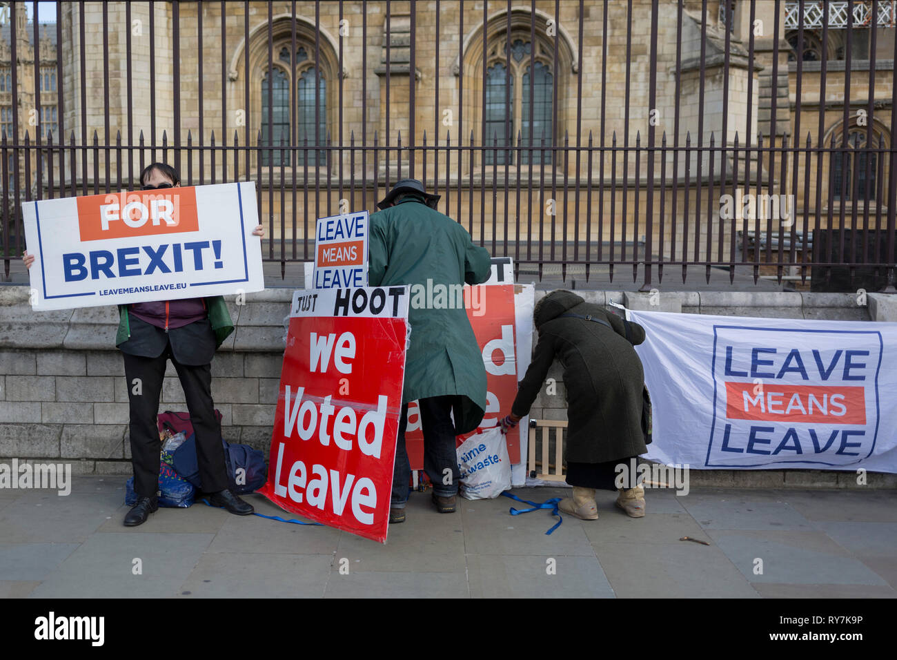 Brexiteers protestieren mit Plakaten außerhalb des Parlaments, am 11. März 2019, in Westminster, London, England. Stockfoto