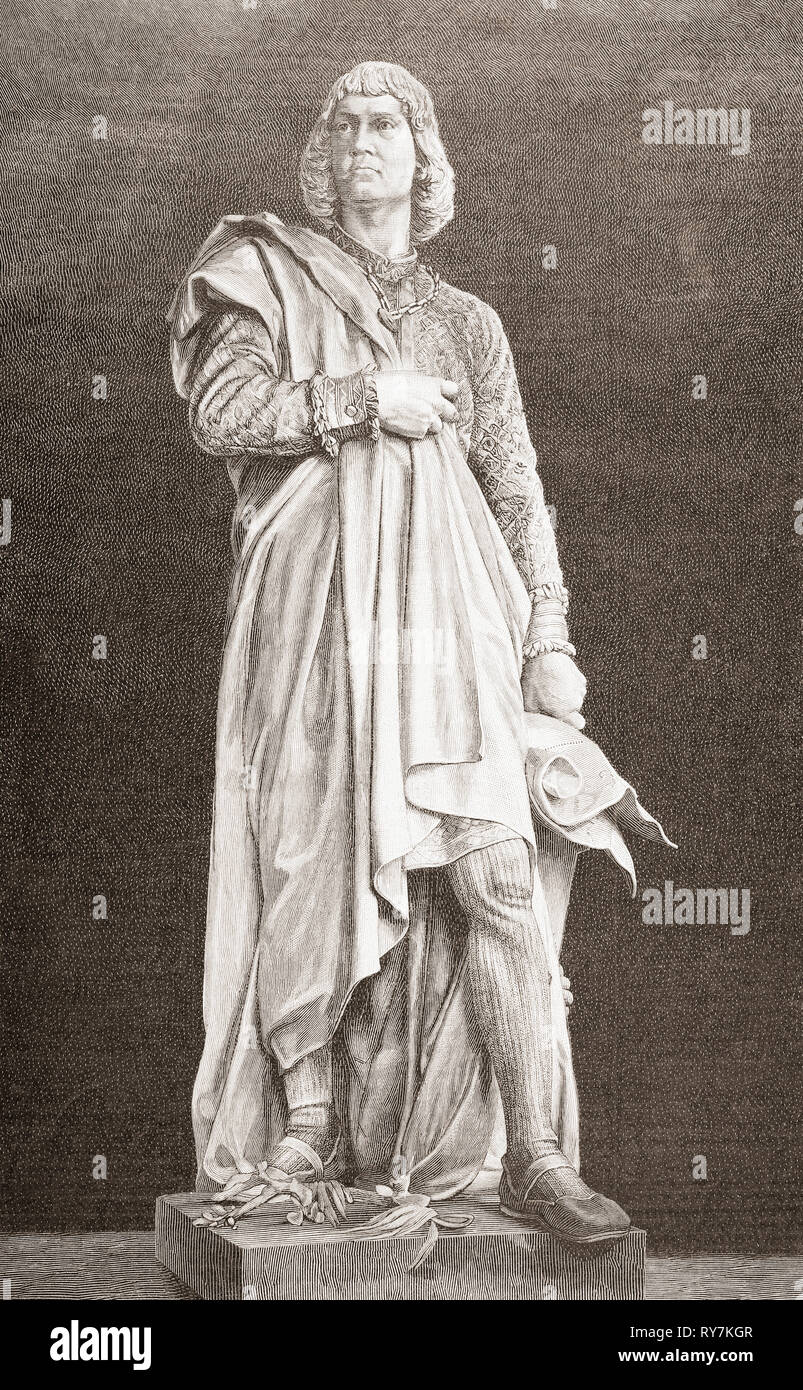Christopher Columbus, nachdem die Statue von Ferdinand von Miller in St. Louis, Missouri, Vereinigte Staaten von Amerika. Christopher Columbus, 1451 - 1506. Italienische Explorer, Navigator, Kolonisten und der erste Gouverneur von Indien. Von Ilustracion Artistica, veröffentlicht 1887. Stockfoto