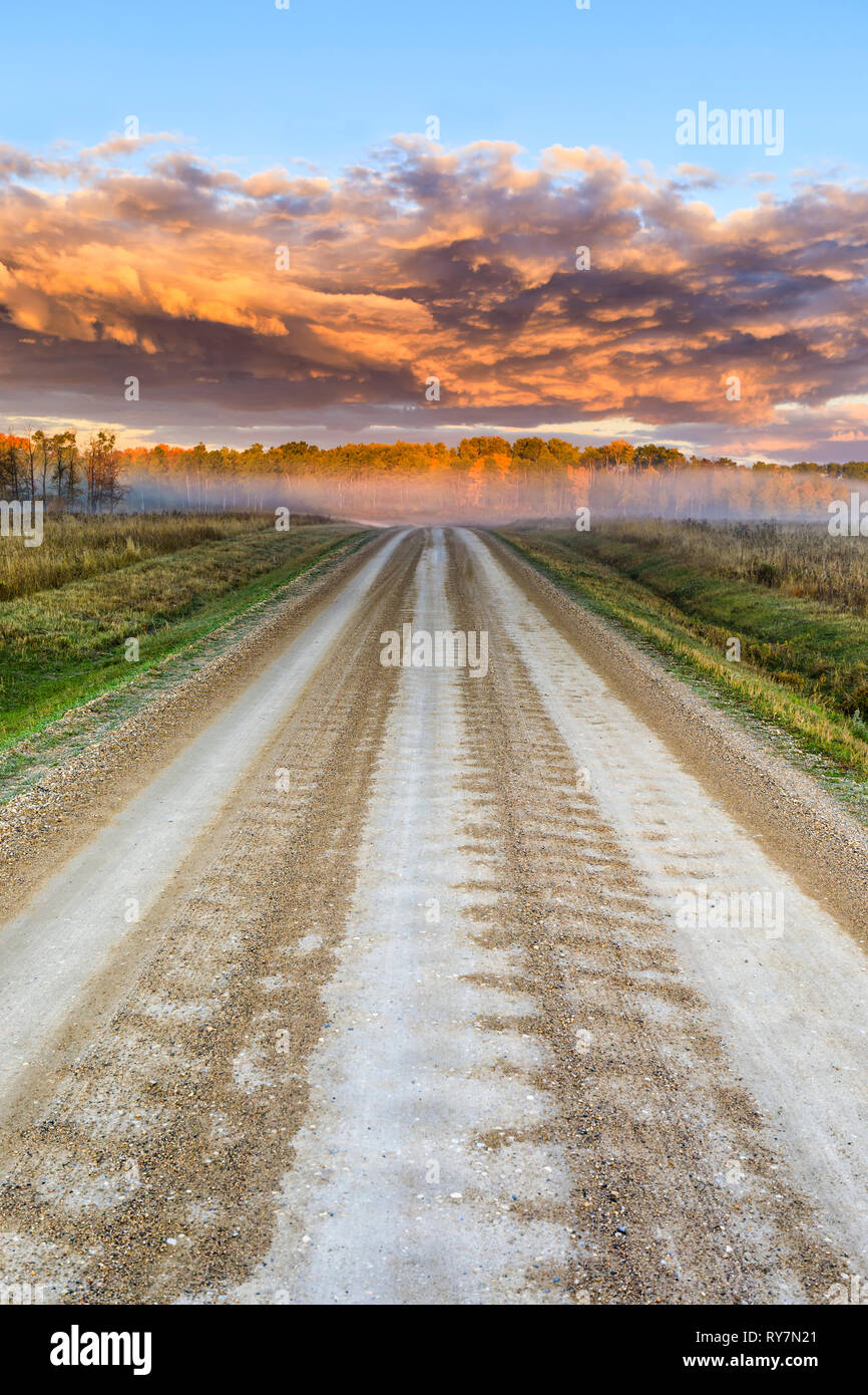 Ein Land, unbefestigte Straße, bei Sonnenaufgang, Manitoba, Kanada. Stockfoto