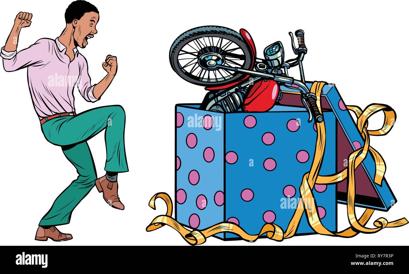 Afrikanischer Mann und Motorrad Urlaub Geschenkbox, isoliert auf weißem Hintergrund Stock Vektor