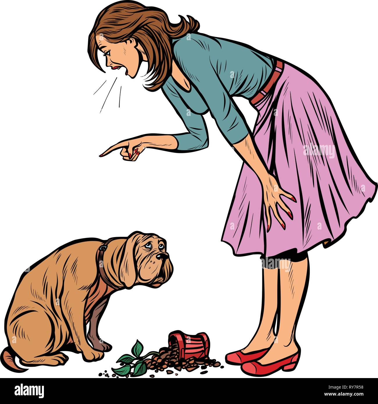 Frau schimpft mit Schuldig Hund. Gefäß mit Blume isolieren auf weißem Hintergrund Stock Vektor