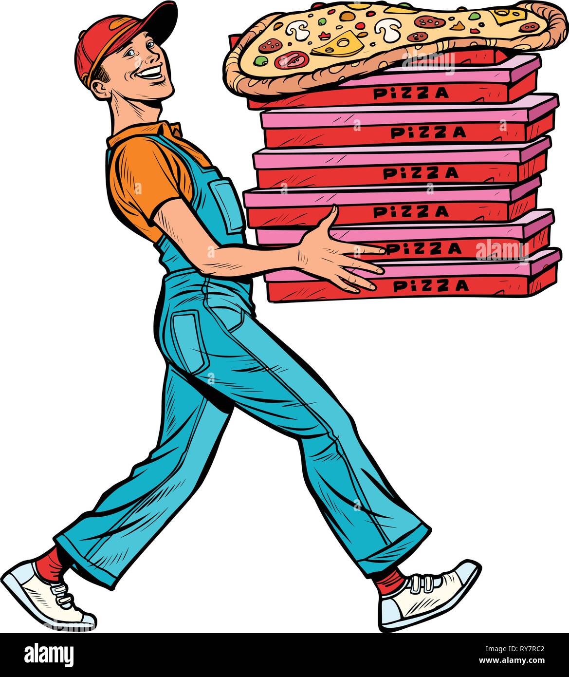 Junger Mann pizza Boy, Food Delivery isolieren auf weißem Hintergrund Stock Vektor