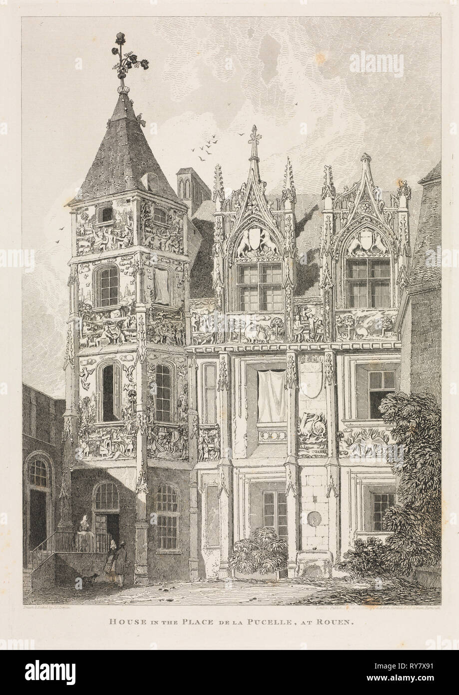 Architektonischen Antiquitäten der Normandie (Vol. II), Pl. 64: Haus in der Place de la Pucelle, in Rouen, 1821, veröffentlicht 1822. John Sell Cotman (British, 1782-1842), J&A Arch, Cornhill & J.S.Cotman. Softground ätzen; Blatt: 47,2 x 33,5 cm (18 9/16 x 13 3/16 in.); Plattenrand: 36,8 x 25,3 cm (14 1/2 x 9 15/16 in Stockfoto