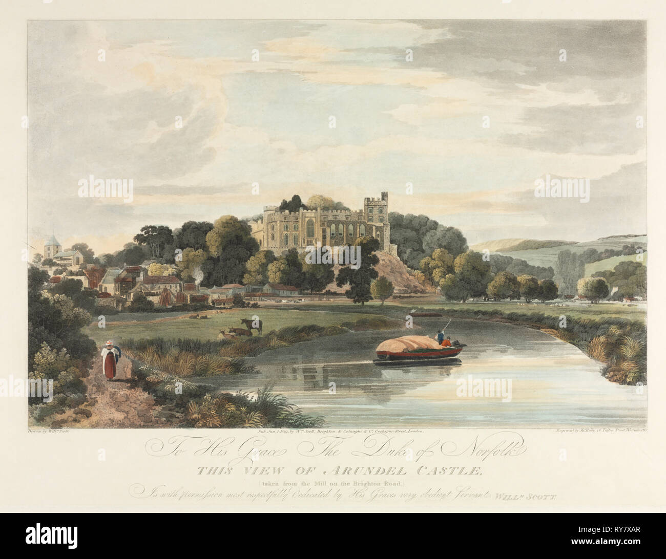 Diese Ansicht von Arundel Castle, 1819. John Baily (Britisch), Wm Scott, nachdem William Scott (Britisch). Farbe aquatinta; Blatt: 54,1 x 68,2 cm (21 5/16 x 26 7/8 in.); Plattenrand: 42,5 x 57 cm (16 3/4 x 22 7/16 Stockfoto