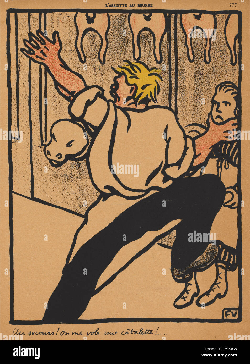 Straftaten und Strafen XX, 777: Hilfe! Mein Schnitzel's gestohlen! , 1869. Félix Vallotton (Französisch, 1865-1925). Farblithographie Stockfoto