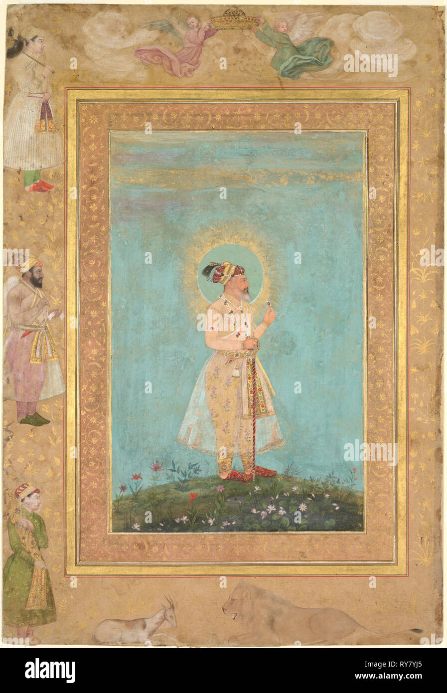 Shah Jahan Holding ein spinell und eine lange Deccan Schwert, aus dem späten Shah Jahan Album, C. 1650. Indien, Mughal, aus dem 17. Jahrhundert. Opak Aquarell und Gold auf Papier; Seite: 36,7 x 25,4 cm (14 5/6 x 10 in Stockfoto