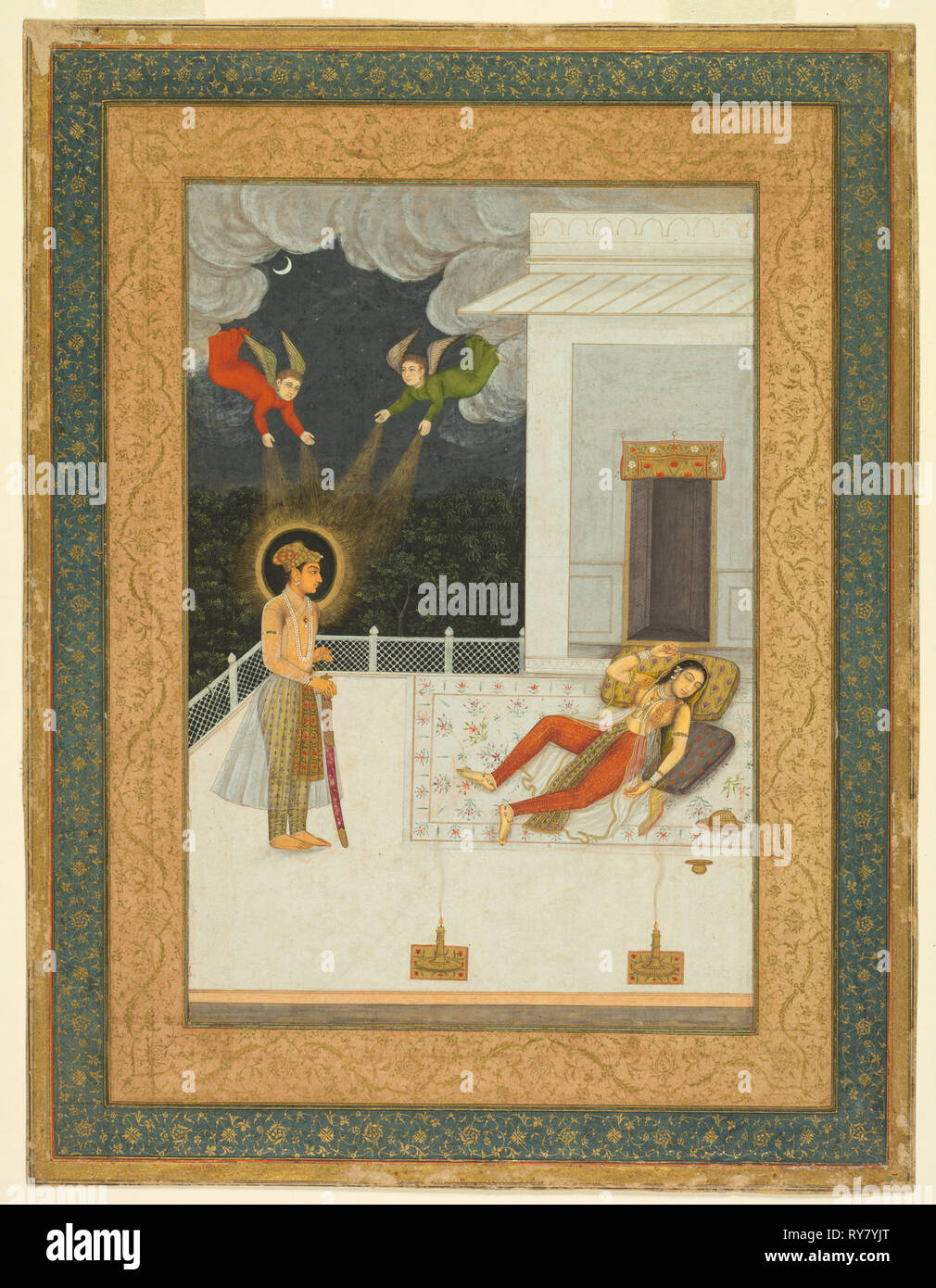 Der Traum von der Zulaykha von der Amber Album, C. 1670. Indien, Mughal, aus dem 17. Jahrhundert. Opak Aquarell auf Papier mit Gold, rosa und blauen Grenzen mit Gold foliate Motiven dekoriert, lateinischem Text; Seite: 32 x 24,4 cm (12 5/8 x 9 5/8 Zoll Stockfoto