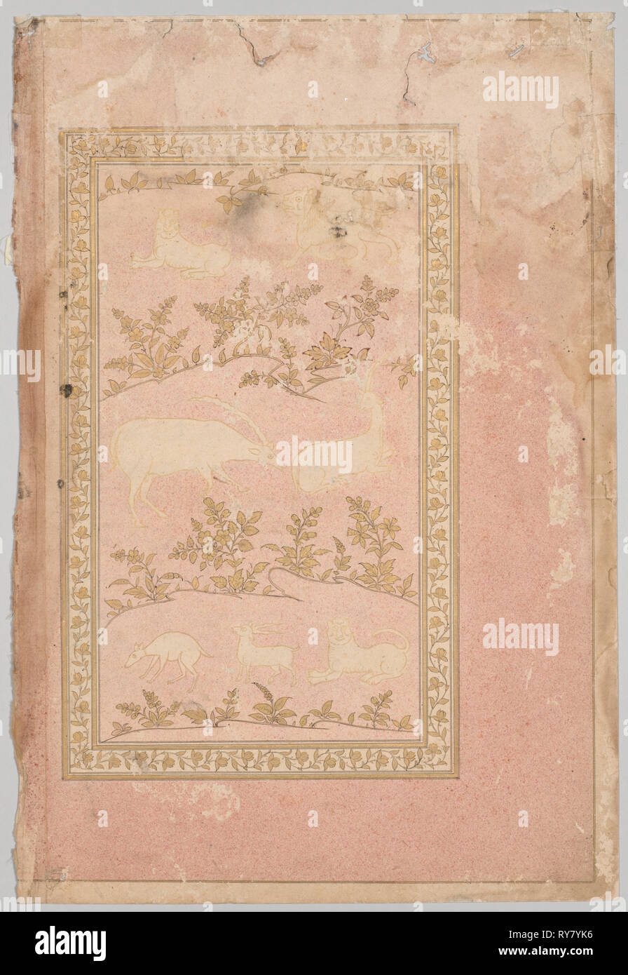 Stenciled Szenen von Löwen und Gazellen, C. 1710. Indien, Mughal, Anfang des 18. Jahrhunderts. Tinte und Gold auf rosa-gesprenkelten Papier (verso); Seite: 42,2 x 28,5 cm (16 5/8 x 11 1/4 in Stockfoto