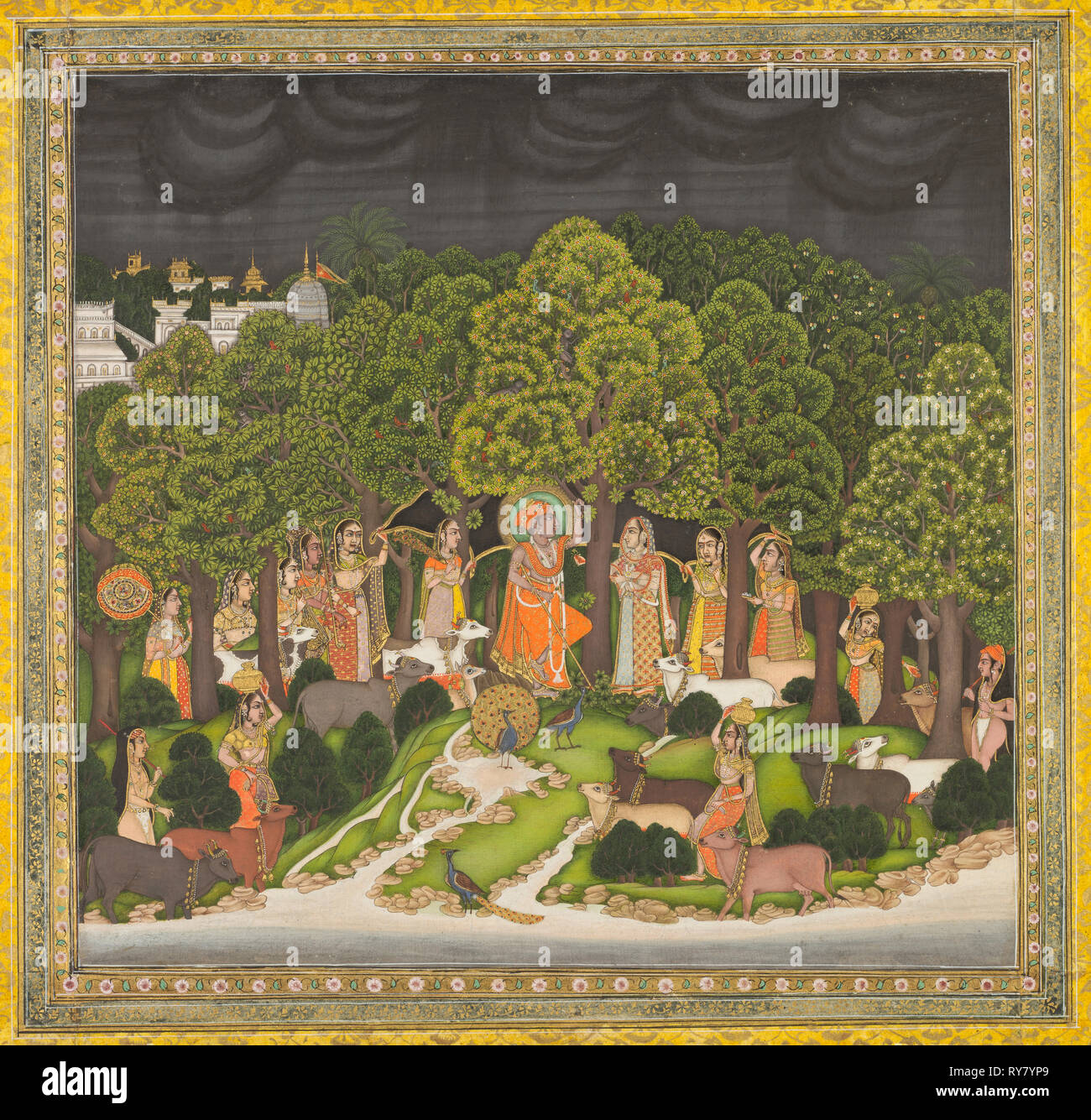 Radha und Krishna treffen im Wald während eines Sturms, C. 1770. Indien, Bengalen, Mughal, 18. Opak Aquarell auf Papier mit Gold, Gelb Grenzen mit Gold Blume Köpfe; Seite: 26,1 x 37,4 cm (10 1/4 x 14 3/4 in Stockfoto