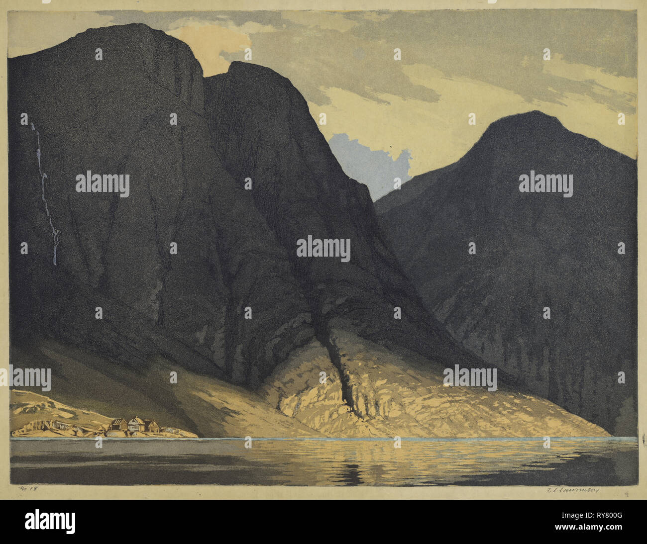 [Bergblick mit Wasser]. Edward Louis Laurenson (British, 1868-1940). Farbe aquatinta mit Roulette Stockfoto