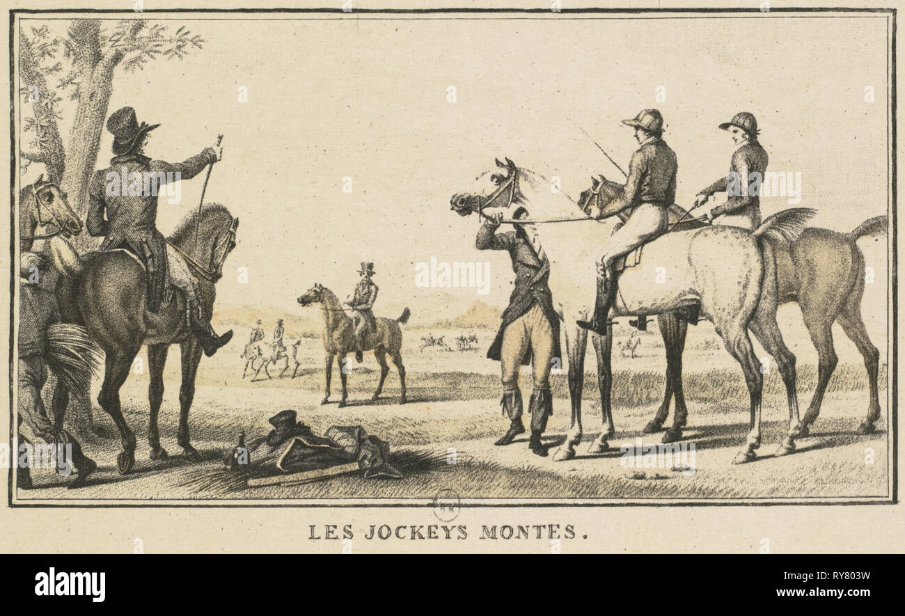 Racing Szenen: Der Jockey Halterung das Pferd (scènes Hippiques: Le Jockey montant ein Cheval). Carle Vernet (Frankreich, 1758-1836), Jazet und Aumont. Lithographie; Blatt: 9,1 x 14,1 cm (3 9/16 x 5 9/16 in.); Bild: 6,6 x 10,9 cm (2 5/8 x 4 5/16 Zoll Stockfoto