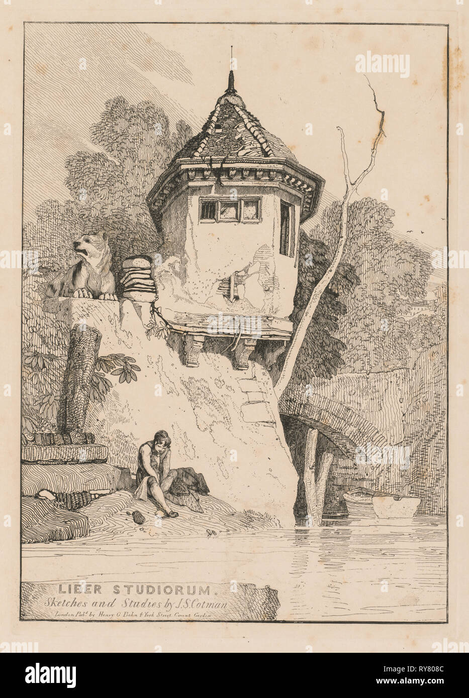 Liber Studiorum; Frontispiz, mit Blick auf einen Garten Haus am Ufer des Flusses Yare, 1838. John Sell Cotman (British, 1782-1842). Softground ätzen, aus einer gebundenen Band mit 48 Platten; Blatt: 49,7 x 31,9 cm (19 9/16 x 12 9/16 in.); Plattenrand: 30,4 x 21,5 cm (11 15/16 x 8 7/16 in.); zu Borderline: 28,9 x 20,5 cm (11 3/8 x 8 1/16 in Stockfoto