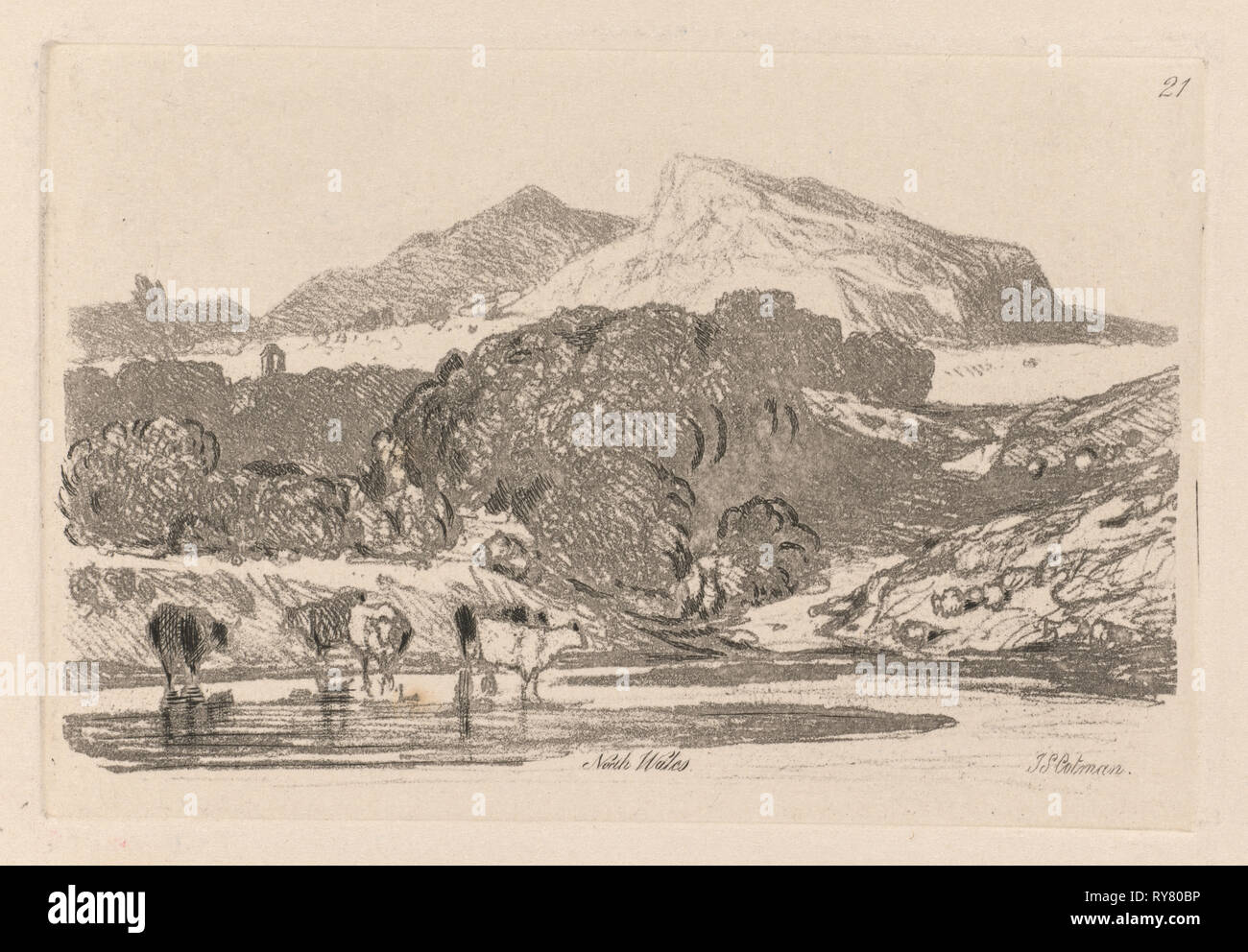 Liber Studiorum: Platte 21, Aussicht in Nord Wales, 1838. John Sell Cotman (British, 1782-1842). Softground ätzen, aus einer gebundenen Band mit 48 Platten; Blatt: 49,6 x 32 cm (19 1/2 x 12 5/8 in.); Plattenrand: 7,5 x 11,4 cm (2 15/16 x 4 1/2 in. Stockfoto