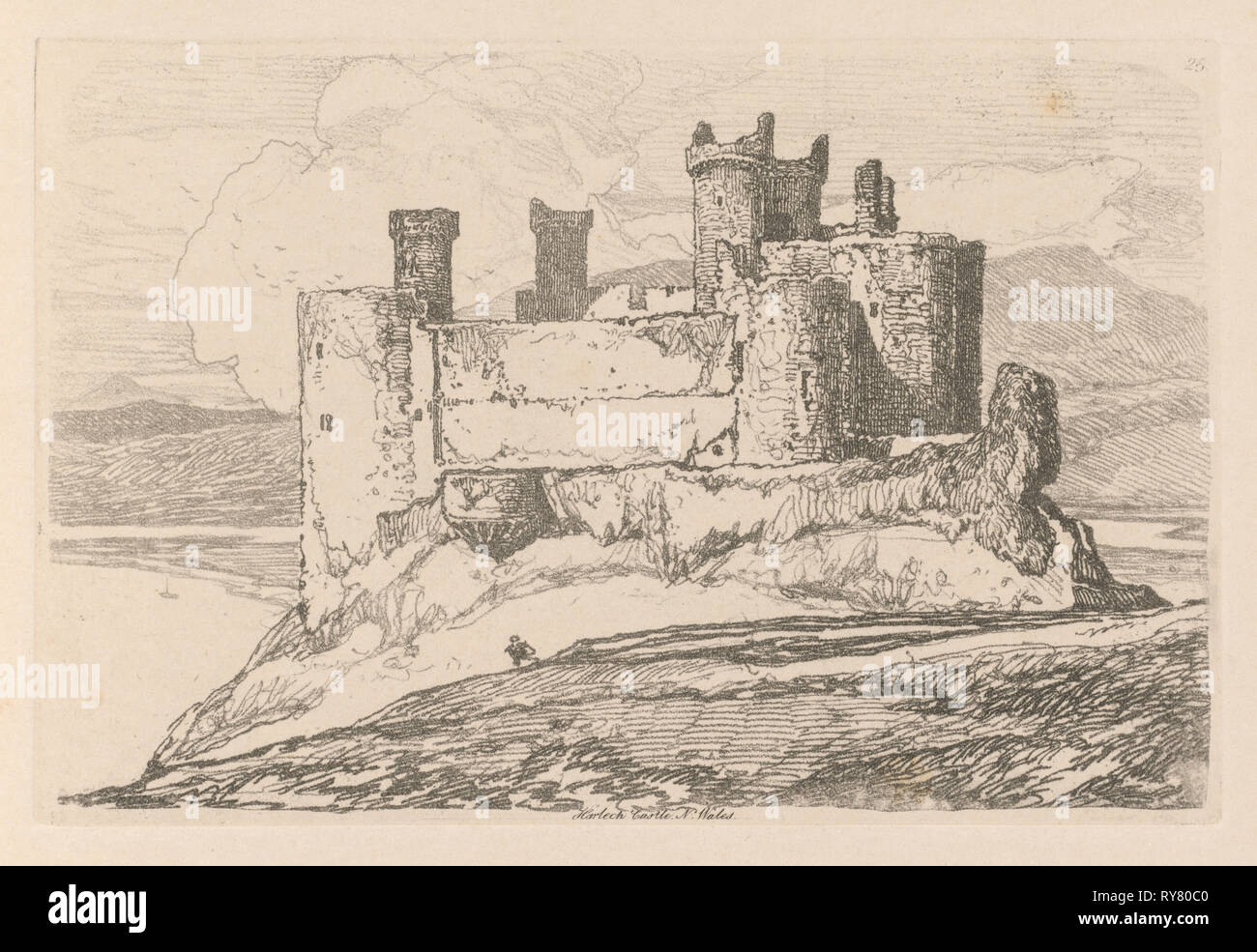 Liber Studiorum: Platte 25, Harlech Castle, N. Wales, 1838. John Sell Cotman (British, 1782-1842). Softground ätzen, aus einer gebundenen Band mit 48 Platten; Blatt: 49,6 x 32 cm (19 1/2 x 12 5/8 in.); Plattenrand: 12,5 x 18,9 cm (4 15/16 x 7 7/16 Stockfoto