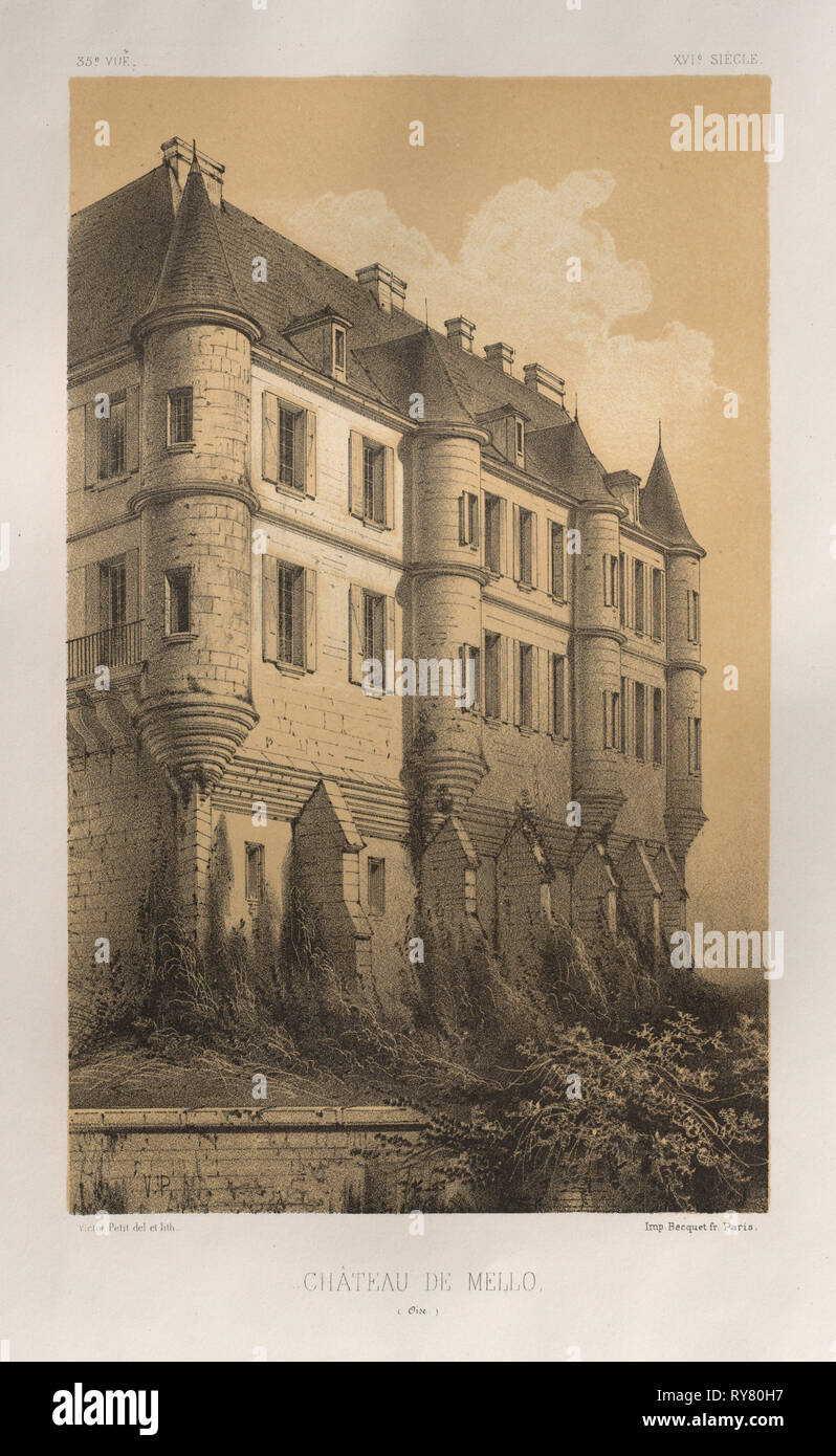 Architektur Pittoresque ou Denkmäler des xveme. Et xvieme. Siecles: Chateaux de France des XV Siecles et XVI: Pl. 35, Château De Mello (Oise), 1860. Victor Petit (Französisch, 1817-1874), Charles Boivin (Herausgeber); Lith de Godard ein Paris (Drucker). Lithographie mit Tönung Stein, aus dem Portfolio von 100 Lithographien mit Tönung Stein; Blatt: 35,6 x 27 cm (14 x 10 5/8 in.); Bild: 22,9 x 14 cm (9 x 5 1/2 in. Stockfoto