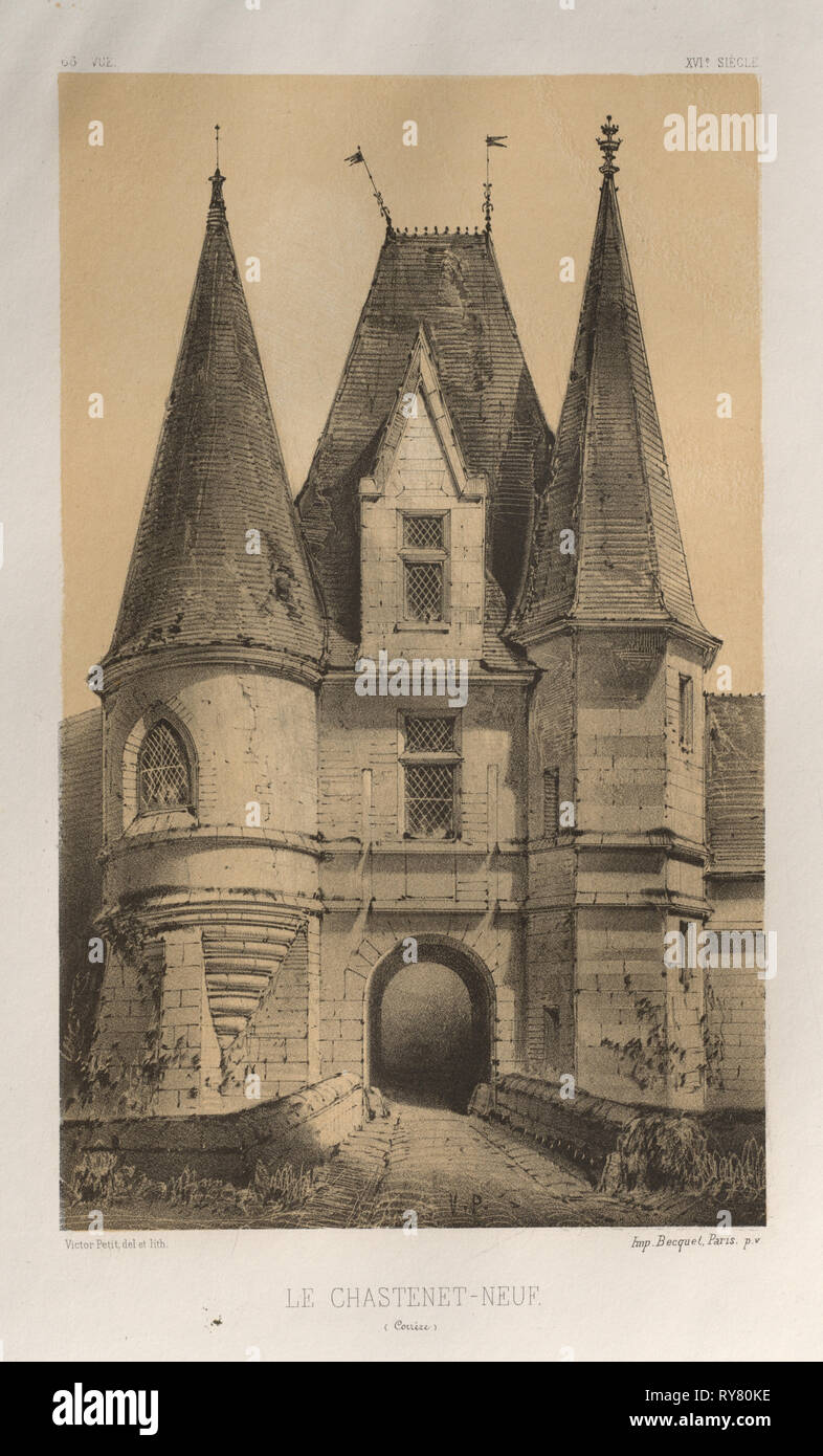 Architektur Pittoresque ou Denkmäler des XVeme. Et XVIeme. Siecles: Chateaux de France des XV Siecles et XVI: Pl. 65, Le keusch Let-Neuf (Corrèze), 1860. Victor Petit (Französisch, 1817-1874), Charles Boivin (Herausgeber); Lith de Godard ein Paris (Drucker). Lithographie mit Tönung Stein, aus dem Portfolio von 100 Lithographien mit Tönung Stein; Blatt: 35,7 x 27,6 cm (14 1/8 x 10 7/8 in.); Bild: 22,9 x 14 cm (9 x 5 1/2 in. Stockfoto