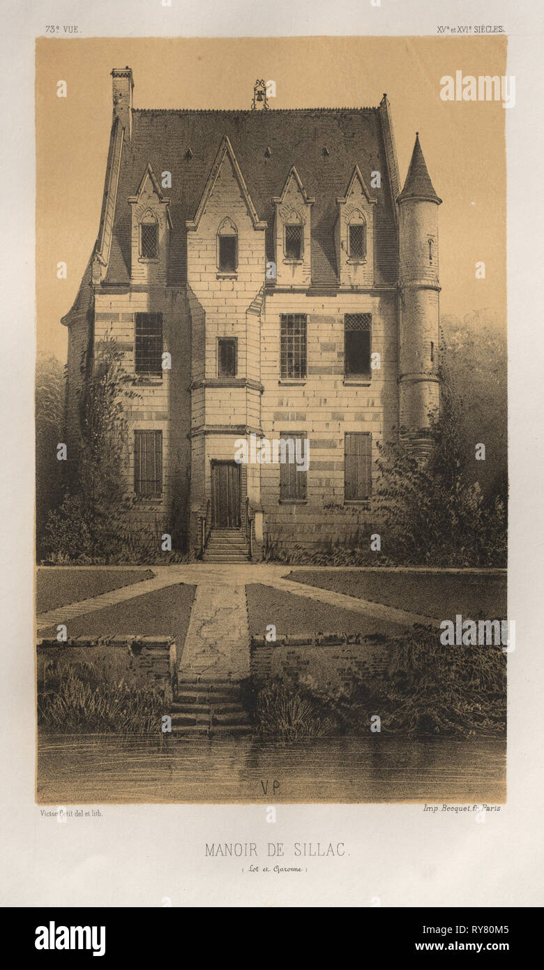 Architektur Pittoresque ou Denkmäler des XVeme. Et XVIeme. Siecles: Chateaux de France des XV Siecles et XVI: Pl. 73, Manoir De Sillac (Lot-et-Garonne), 1860. Victor Petit (Französisch, 1817-1874), Charles Boivin (Herausgeber); Lith de Godard ein Paris (Drucker). Lithographie mit Tönung Stein, aus dem Portfolio von 100 Lithographien mit Tönung Stein; Blatt: 35,7 x 27,5 cm (14 1/16 x 10 13/16 in.); Bild: 23 x 14,1 cm (9 1/16 x 5 9/16 Zoll Stockfoto