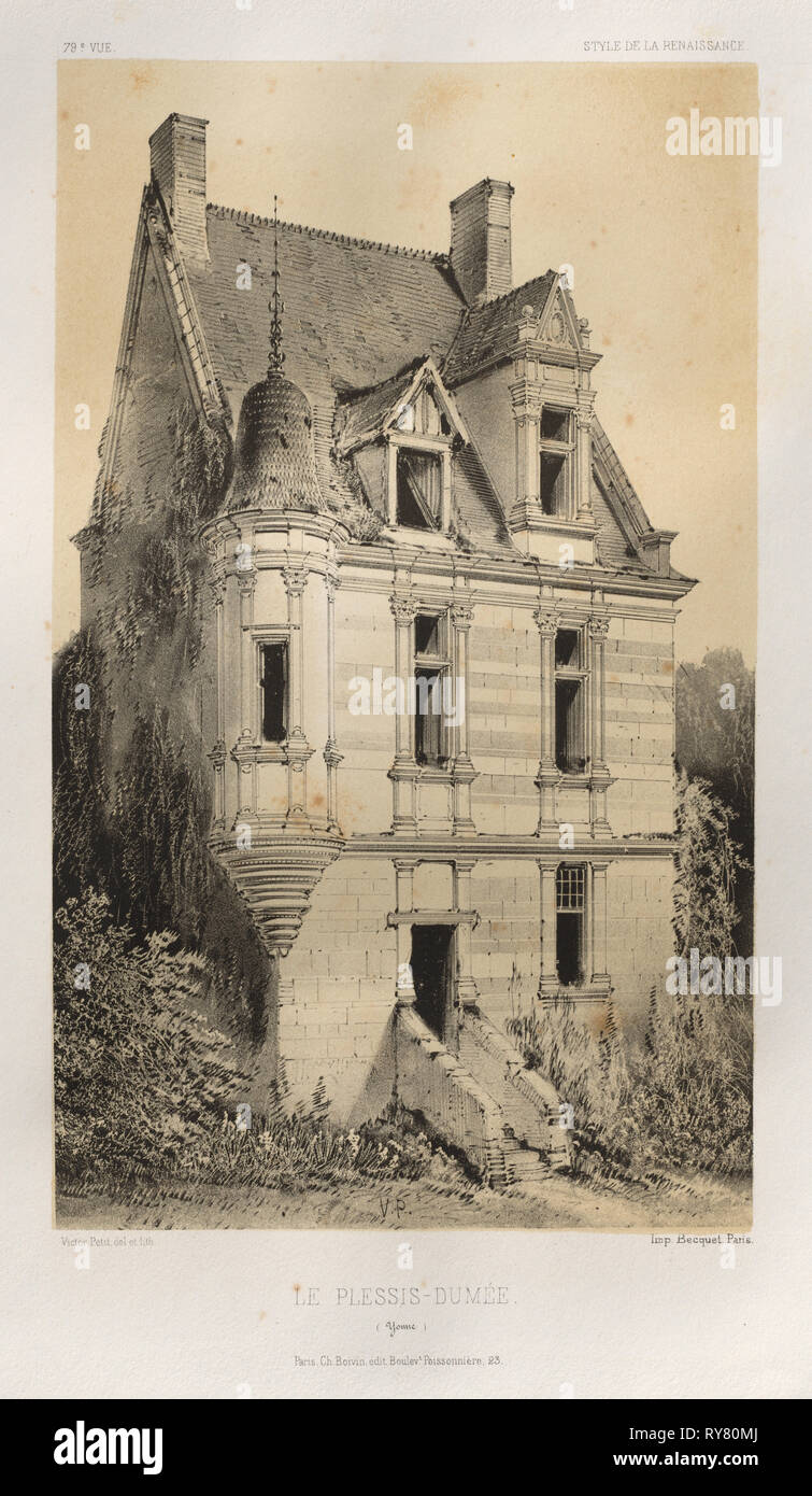 Architektur Pittoresque ou Denkmäler des XVeme. Et XVIeme. Siecles: Chateaux de France des XV Siecles et XVI: Pl. 79, Le Plessis-Dumée (Yonne), 1860. Victor Petit (Französisch, 1817-1874), Charles Boivin (Herausgeber); Lith de Godard ein Paris (Drucker). Lithographie mit Tönung Stein, aus dem Portfolio von 100 Lithographien mit Tönung Stein; Blatt: 35,9 x 27,4 cm (14 1/8 x 10 13/16 in.); Bild: 23,5 x 14 cm (9 1/4 x 5 1/2 in. Stockfoto