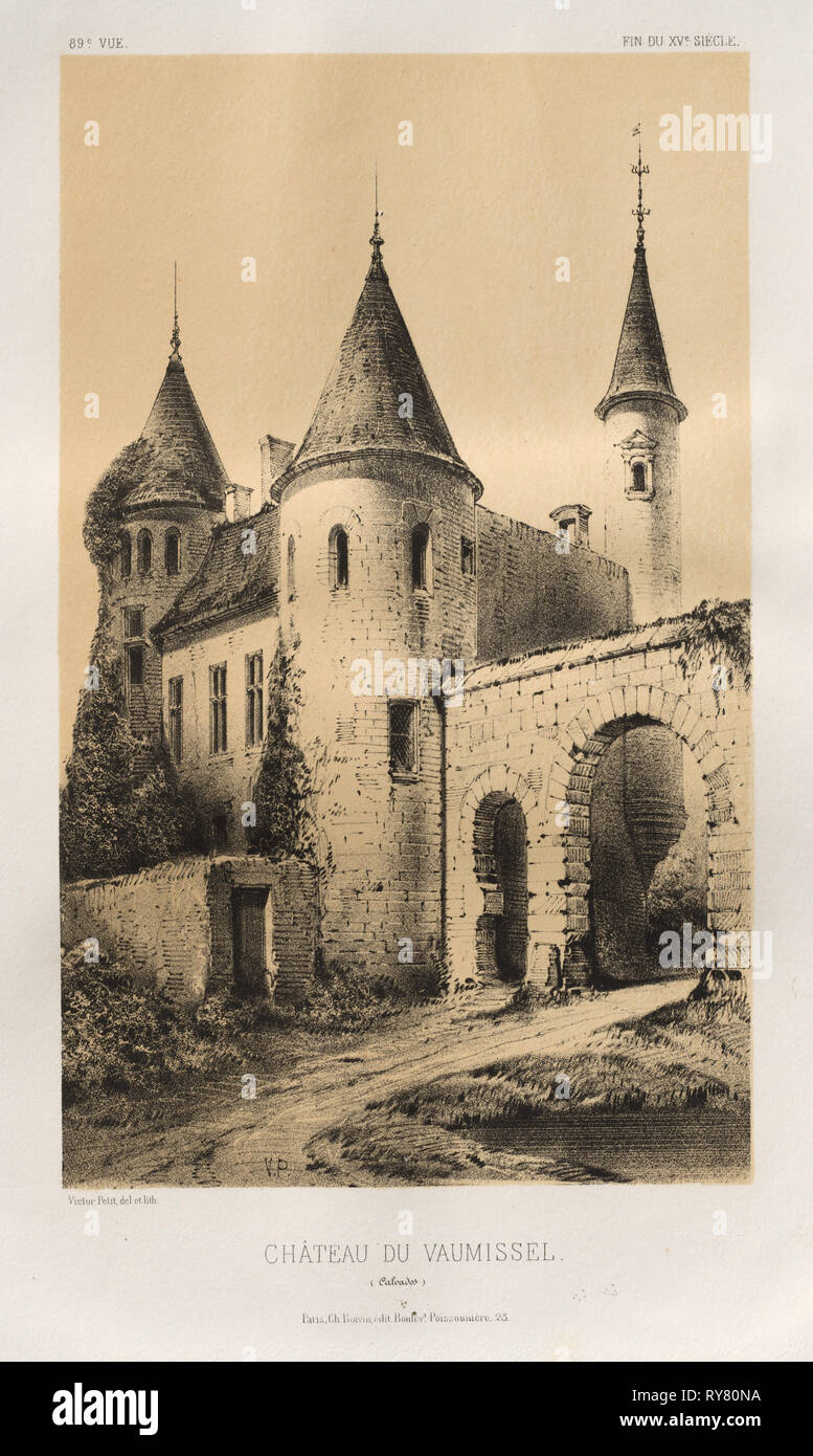 Architektur Pittoresque ou Denkmäler des XVeme. Et XVIeme. Siecles: Chateaux de France des XV Siecles et XVI: Pl. 89, Château du Vaumissel (Calvados), 1860. Victor Petit (Französisch, 1817-1874), Charles Boivin (Herausgeber); Lith de Godard ein Paris (Drucker). Lithographie mit Tönung Stein, aus dem Portfolio von 100 Lithographien mit Tönung Stein; Blatt: 35,6 x 27,3 cm (14 x 10 3/4 in.); Bild: 22,9 x 13,9 cm (9 x 5 1/2 in. Stockfoto