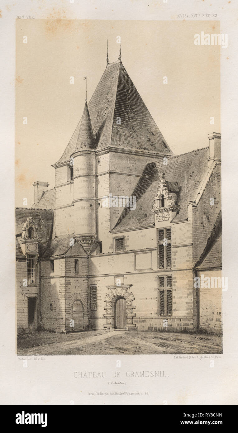 Architektur Pittoresque ou Denkmäler des XVeme. Et XVIeme. Siecles: Chateaux de France des XV Siecles et XVI: Pl. 93, Château de Cramesnil (Calvados), 1860. Victor Petit (Französisch, 1817-1874), Charles Boivin (Herausgeber); Lith de Godard ein Paris (Drucker). Lithographie mit Tönung Stein, aus dem Portfolio von 100 Lithographien mit Tönung Stein; Blatt: 36 x 27,5 cm (14 1/4 x 10 13/16 in.); Bild: 22,9 x 14,1 cm (9 x 5 9/16 Zoll Stockfoto