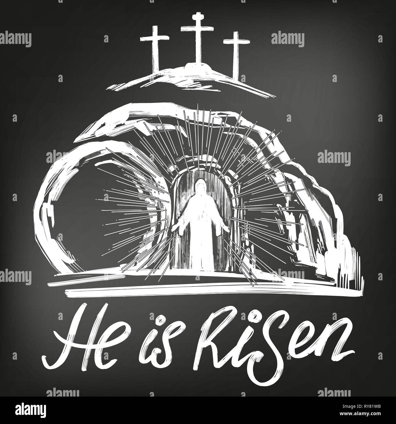 Ostern Jesus Christus von den Toten auferstanden ist. Sonntag Morgen. Dawn. Das leere Grab im Hintergrund der Kreuzigung. Symbol des Christentums Vektor Stock Vektor